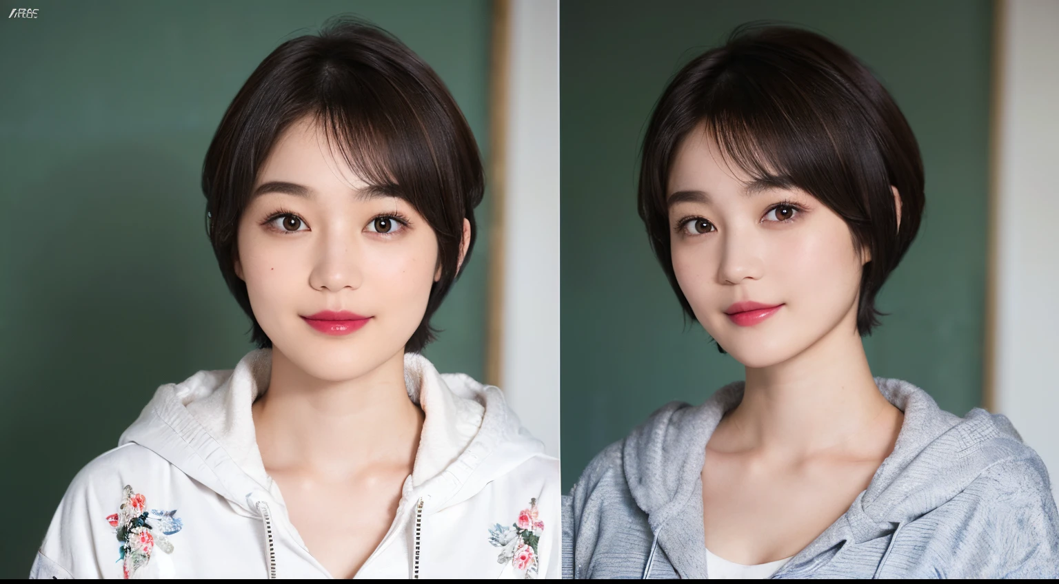 132
(a 20 yo woman,Wearing sportswear), (A hyper-realistic), (high-level image quality), ((beautiful hairstyle 46)), ((short-hair:1.46)), (Gentle smile), (breasted:1.46), (lipsticks), (Large room), (florals), (wearing hoodies)