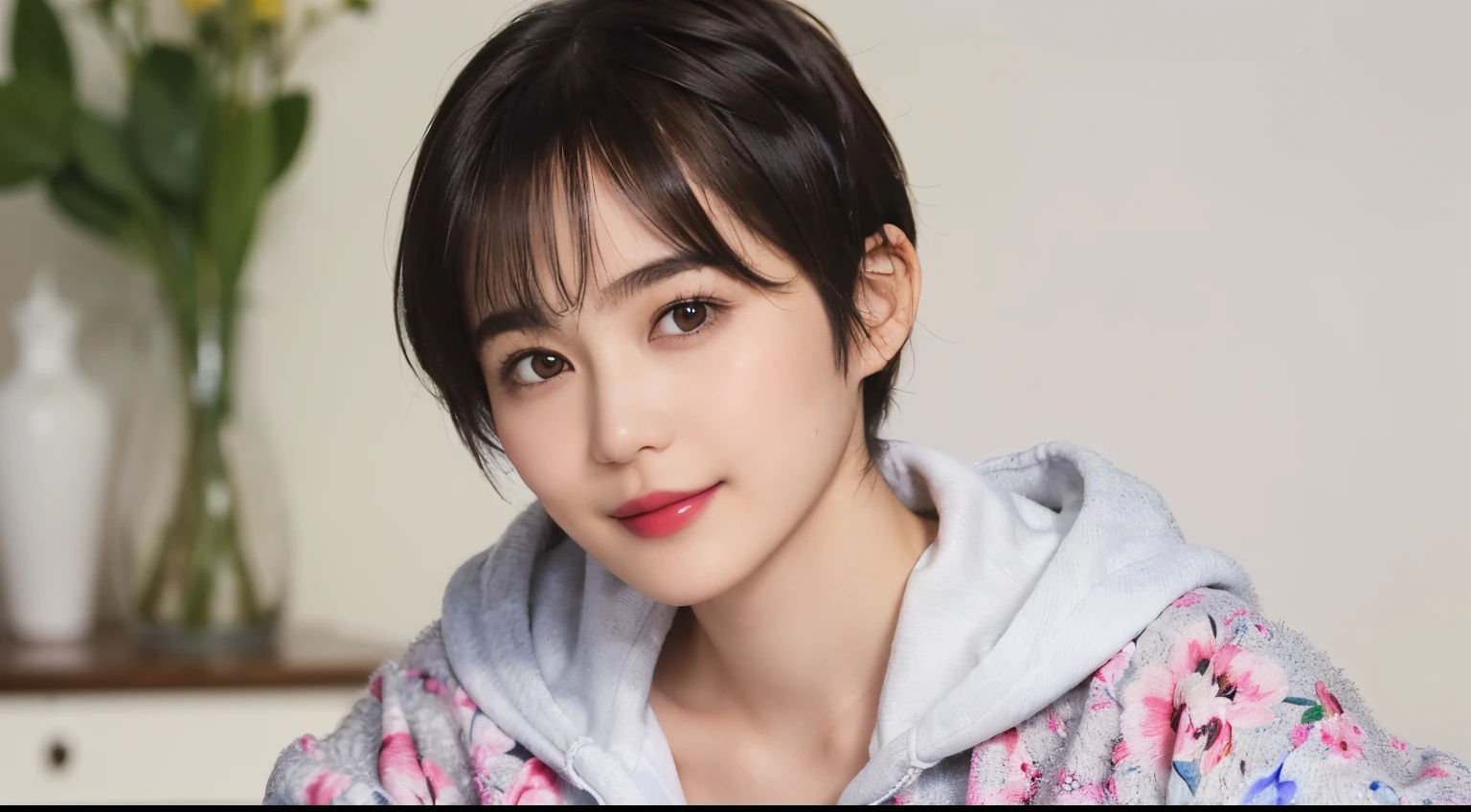 132
(a 20 yo woman,Wearing sportswear), (A hyper-realistic), (high-level image quality), ((beautiful hairstyle 46)), ((short-hair:1.46)), (Gentle smile), (breasted:1.46), (lipsticks), (Large room), (florals), (wearing hoodies)