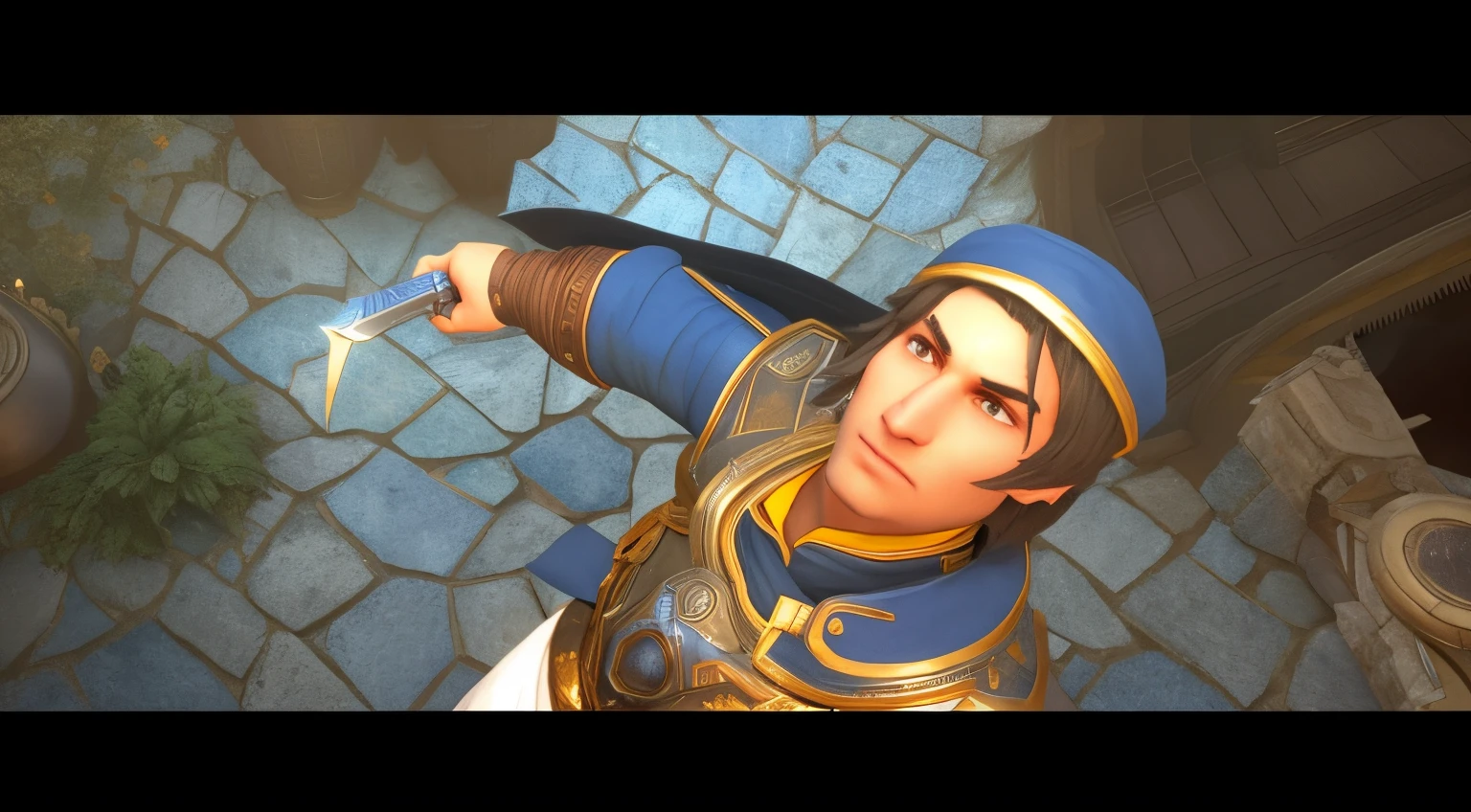 there is a man in a blue and yellow outfit holding a knife, handsome prince of persia, Imagens de cutscene, Cutscene CGI, cutscene, Pharah, feiticeiro do vento!, cutscene de videogame, kaladin stormblessed, Crisp, low-quality graphics, Empunhando uma espada Keris, picture of a male cleric, inspirado por Li Kan, rosto realista