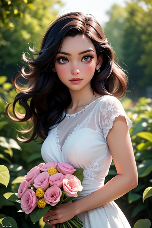 a girl, beautiful detailed eyes, beautiful detailed lips, extremely detailed eyes and face, long eyelashes, [tall], [long hair], [dressed in a flowy dress], [holding a bouquet of flowers], [standing in a colorful garden], [sunlight filtering through the trees], [vibrant colors], [soft brush strokes], [impressionist style], [warm and gentle lighting], [pastel color tones], [dreamy atmosphere], (best quality, 4k, high-res), (realistic:1.37), HDR, studio lighting, professional.