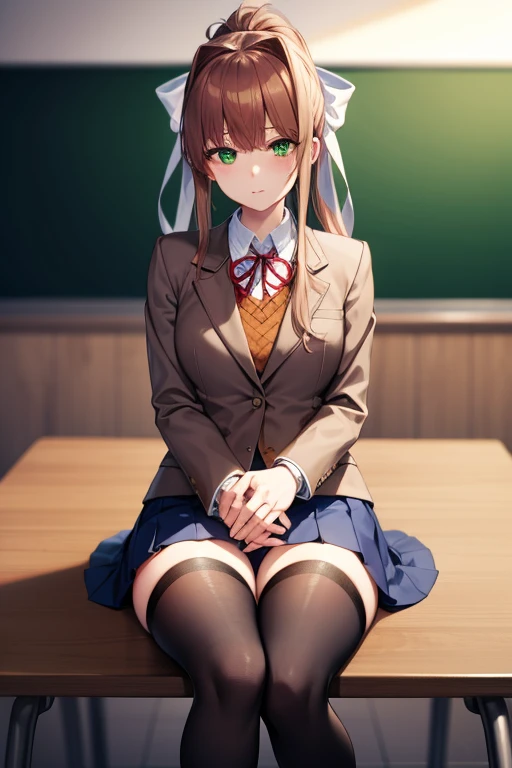 ddlcmonika, ddlcmonika, blunt bangs, brown hair, (green eyes:1.5), long hair, ponytail, ribbon, white ribbon, hair ribbon, sidelocks,
BREAK black thighhighs, blue skirt, brown jacket, jacket, long sleeves, mary janes, over-kneehighs, pleated skirt, school uniform, shoes, skirt, thighhighs, zettai ryouiki
BREAK looking at viewer,
BREAK indoors, classroom,
BREAK (masterpiece:1.2), best quality, high resolution, unity 8k wallpaper, (illustration:0.8), (beautiful detailed eyes:1.6), extremely detailed face, perfect lighting, extremely detailed CG, (perfect hands, perfect anatomy),