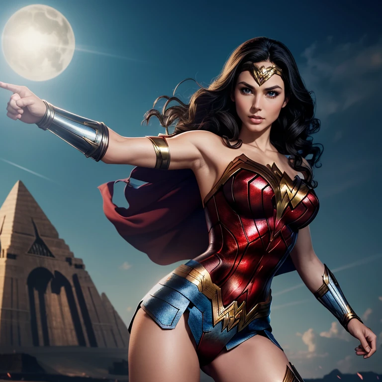 Modelshoot style, handsome wonder woman, dc, Perfect body, Perfect face, Complex thermal distortion design, Elegant, Curve, Highly detailed, Sharp Focus, ArtGerm, Greg Rutkowski, Art by Frank Frazetta, masutepiece, A hyper-realistic, 32K, the Extremely Detailed CG Unity 8K Wallpapers, Best Quality, wonder woman standing on top of the pyramid, Wonder Woman takes a commemorative photo in a cool hero pose.