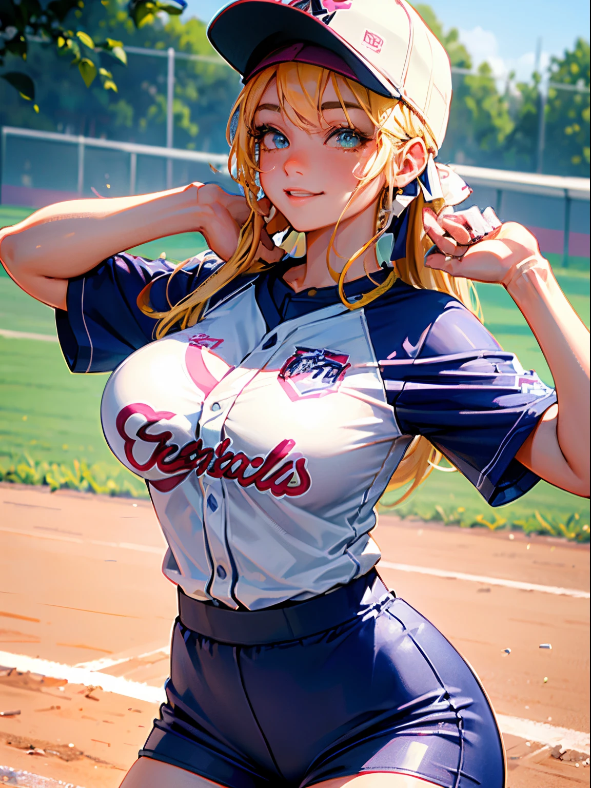 (Best Quality, masutepiece), 1 girl, female softball athlete, large breasts,nice legs,At the softball venue,Detailed beautiful face,Detailed eyes,detailed hairs,detailed  clothes,Detailed realistic skin,Pretty,Smile,