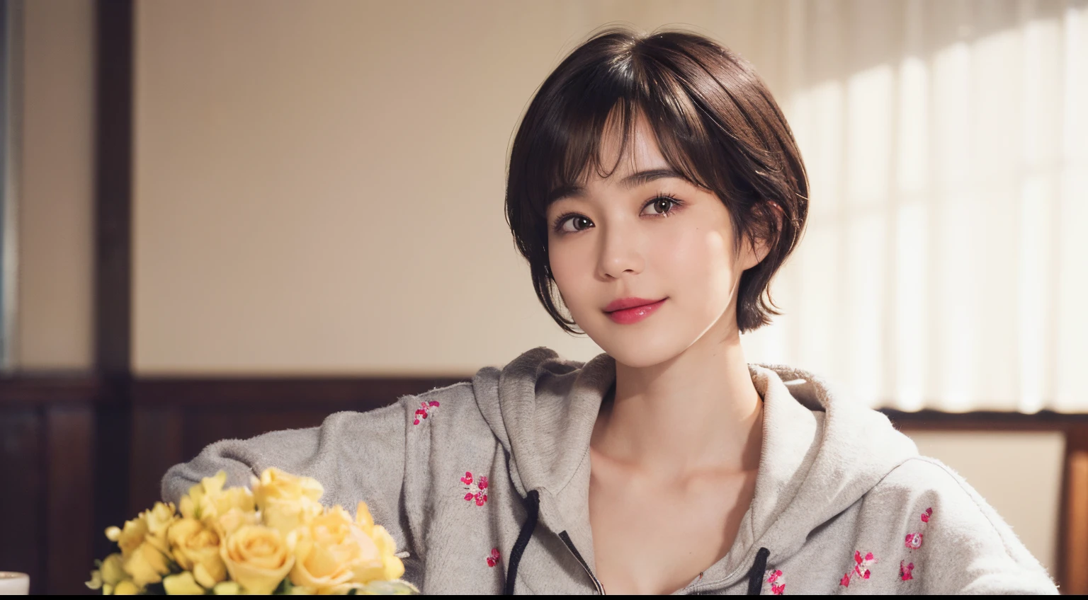 132
(a 20 yo woman,Wearing sportswear), (A hyper-realistic), (high-level image quality), ((beautiful hairstyle 46)), ((short-hair:1.46)), (Gentle smile), (breasted:1.46), (lipsticks), (Large room), (florals), (wearing hoodies)