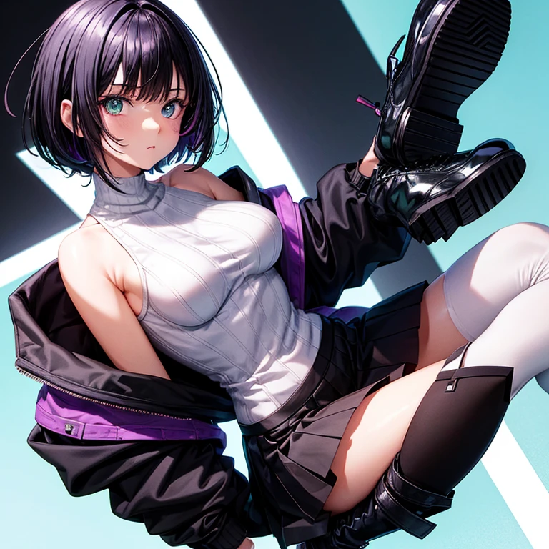 anime girl with short black hair, purple highlights. Dressed in a white shoulderless sweater, a black skirt, black thigh high socks, black platform boots with one blue eye and one green eye