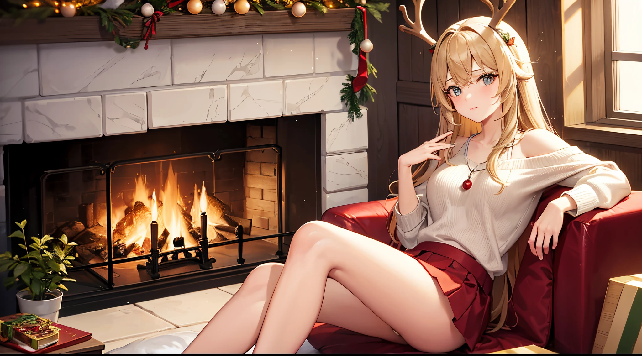 Lori wearing reindeer sitting with present box、full body Esbian, lofi art in GTA Game art style usonly complimentary colors from the color wheel. A main character in first plan portrait mode, A girl age 25 looking into magical Jar with snow inside, the jar next a fireplace in on Christmas eve. A cozy and warm scene in background, Visual elements that represent Christmas.