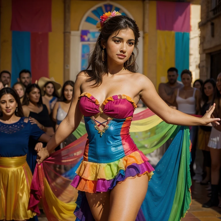 Hermosa mujer gitana bailando flamenco, de su vestido largo va dejando una ola de pintura multicolor, colores vibrantes, her.osas piernas, hiperrealista detalles 8k