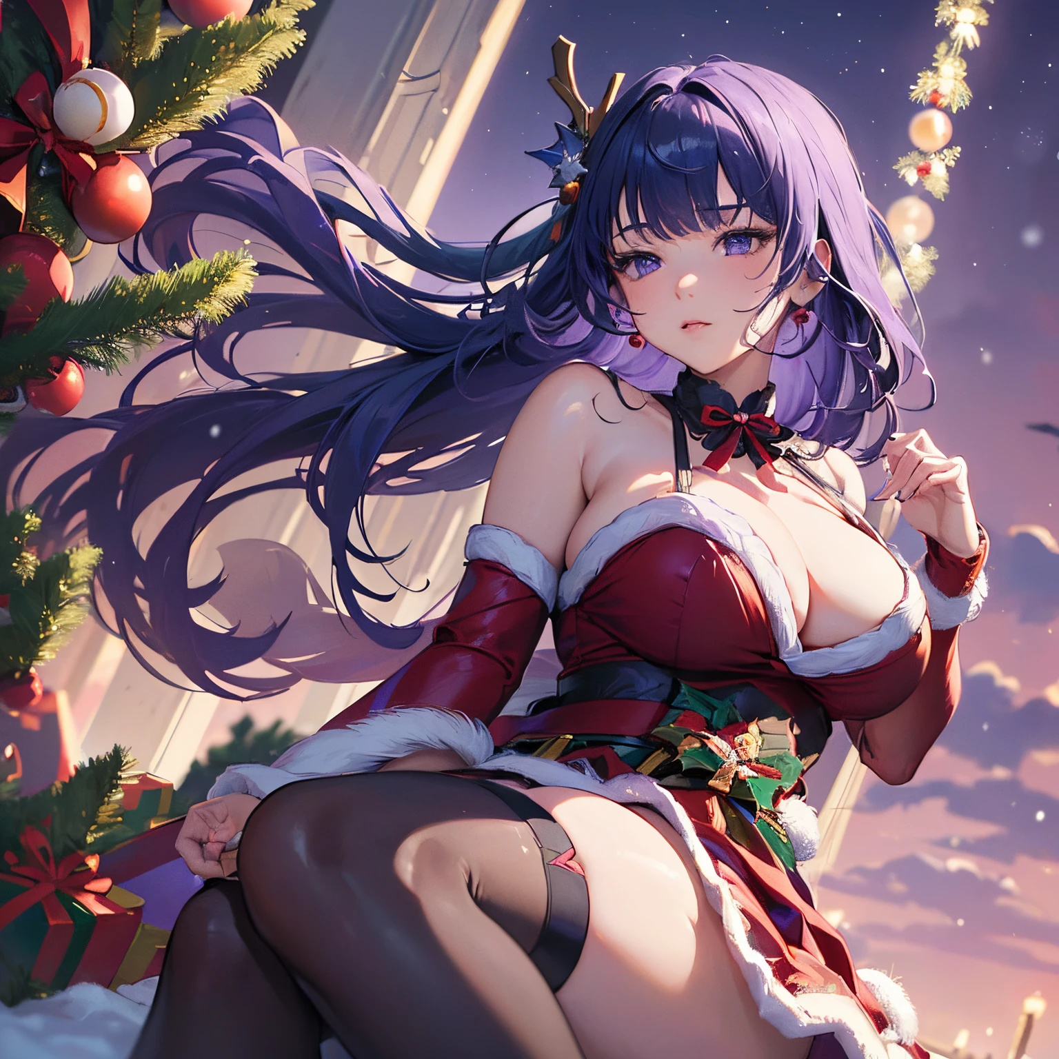 (Beautiful picture), (masterpiece), (((Solo))), ((Raiden Shogun)), ((((wearing a Christmas themed dress)))), (cleavage), ((huge breasts)), (lipeautiful eyes)), ((on hands and knees)), ((thick)), (beautiful purple sky), (stockings)