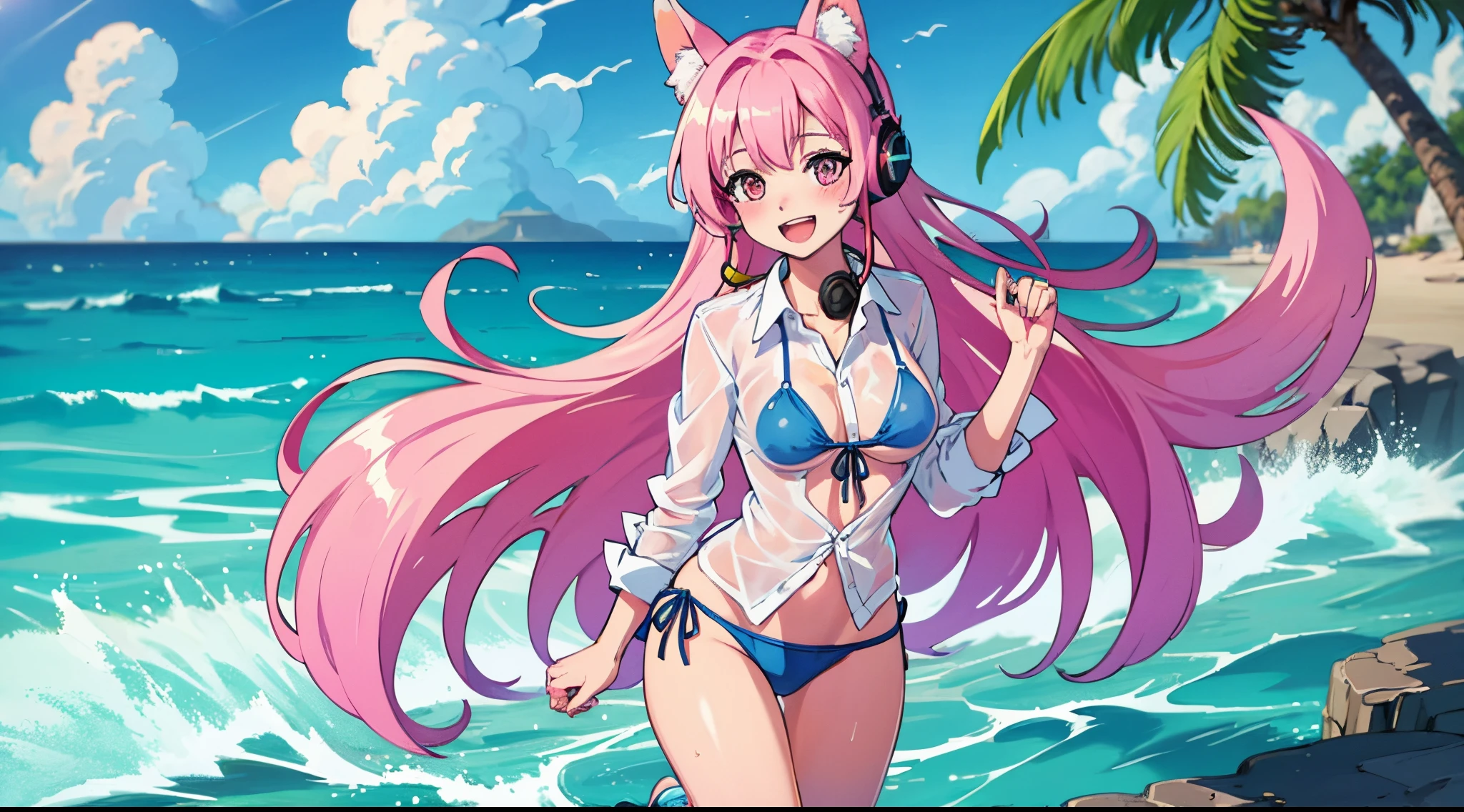 Full body, ((Masterpiece, best quality)), edgQuality,
edgBIC,bikini under clothes, 1girl, solo, long hair, breasts, looking at viewer, blush, smile, open mouth,swimsuit, white shirt, bikini, outdoors, day, collared shirt, see-through, wearing edgBIC, listening music in pink headphones with fox ears