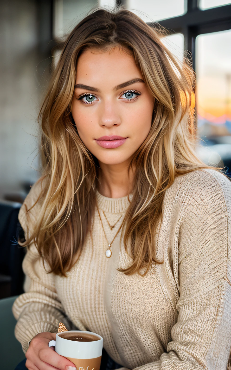 beautiful blonde wearing beige sweater (sipping coffee inside a modern café at sunset), very detailed, 21 years old, innocent face, natural wavy hair, blue eyes, high resolution, masterpiece, best quality, intricate details, highly detailed, sharp focus, detailed skin, realistic skin texture, texture, detailed eyes, professional, 4k, charming smile, shot on Canon, 85mm, shallow depth of field,  kodak vision color, perfect fit body, extremely detailed, foto_\(ultra\), photorealistic, realistic, post-processing, maximum detail, roughness, real life, ultra realistic, photorealism, photography, 8k uhd, photography