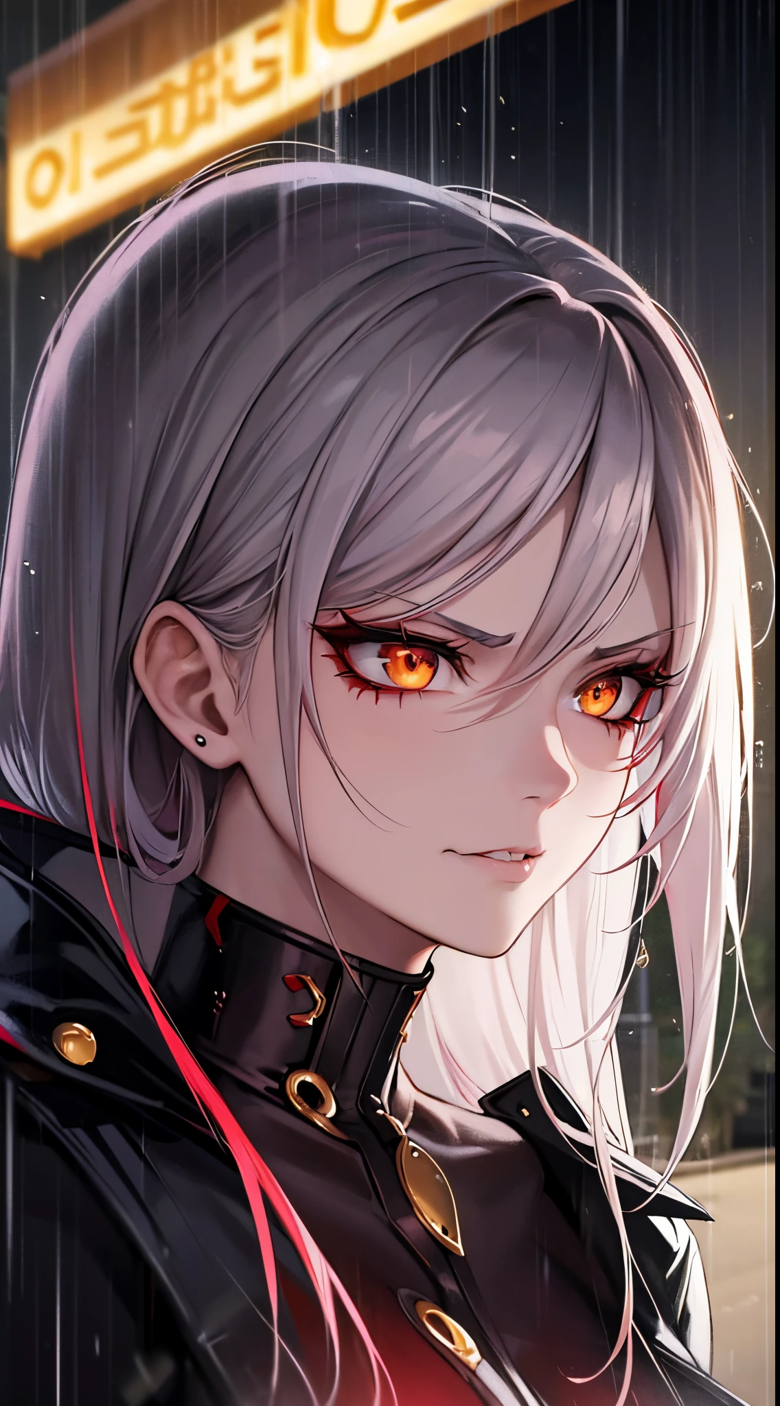 anime women, dark outfit with red details, white hair, (golden eyes) standing in a rain soaked street at night, photorealistic, cinematic lighting (best quality:1.2),ultradetailed,(photorealistic:1.37),vivid colors,bokeh,[realistic], angry looking face with smirk on mouth, piercing, ABS, looking up at the camera