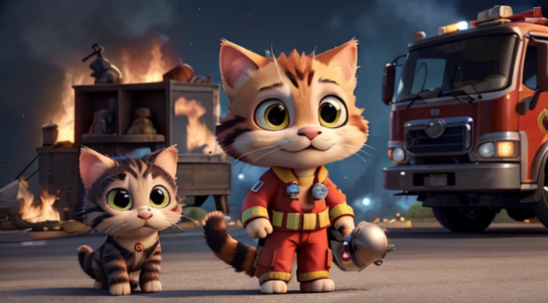 firefighter, 4K picture quality, Cinematic,Near fire trucks,{Cats},{tiny body}, silber hair,cute little, Cool, Charismatic,Fighting Fire