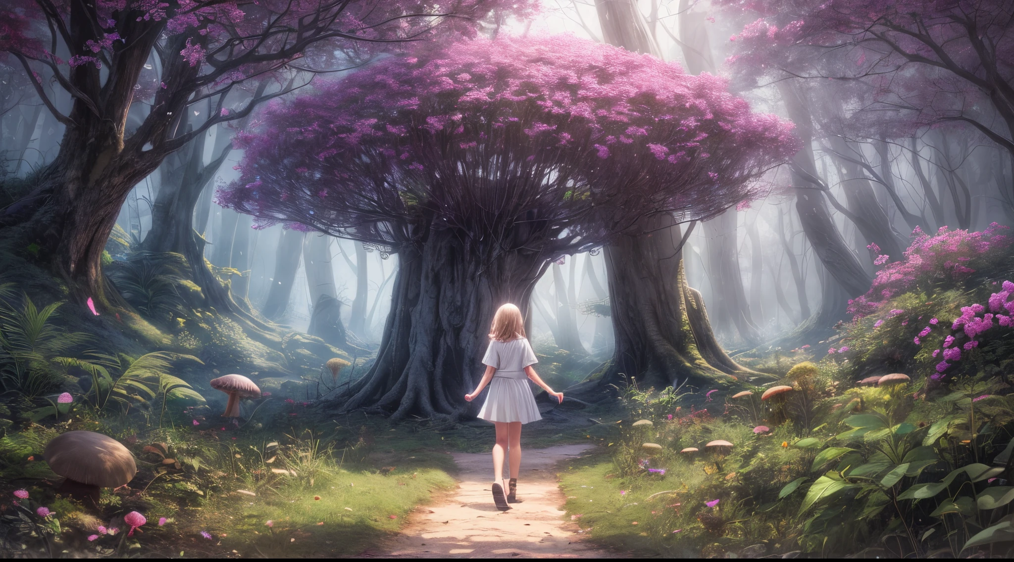 "Magical encounter, young girl exploring, gigantic mushroom, ethereal butterflies, misty wonderland, enchanting,Cowboyshot,8K, HDR, Super Resolution, Masterpiece