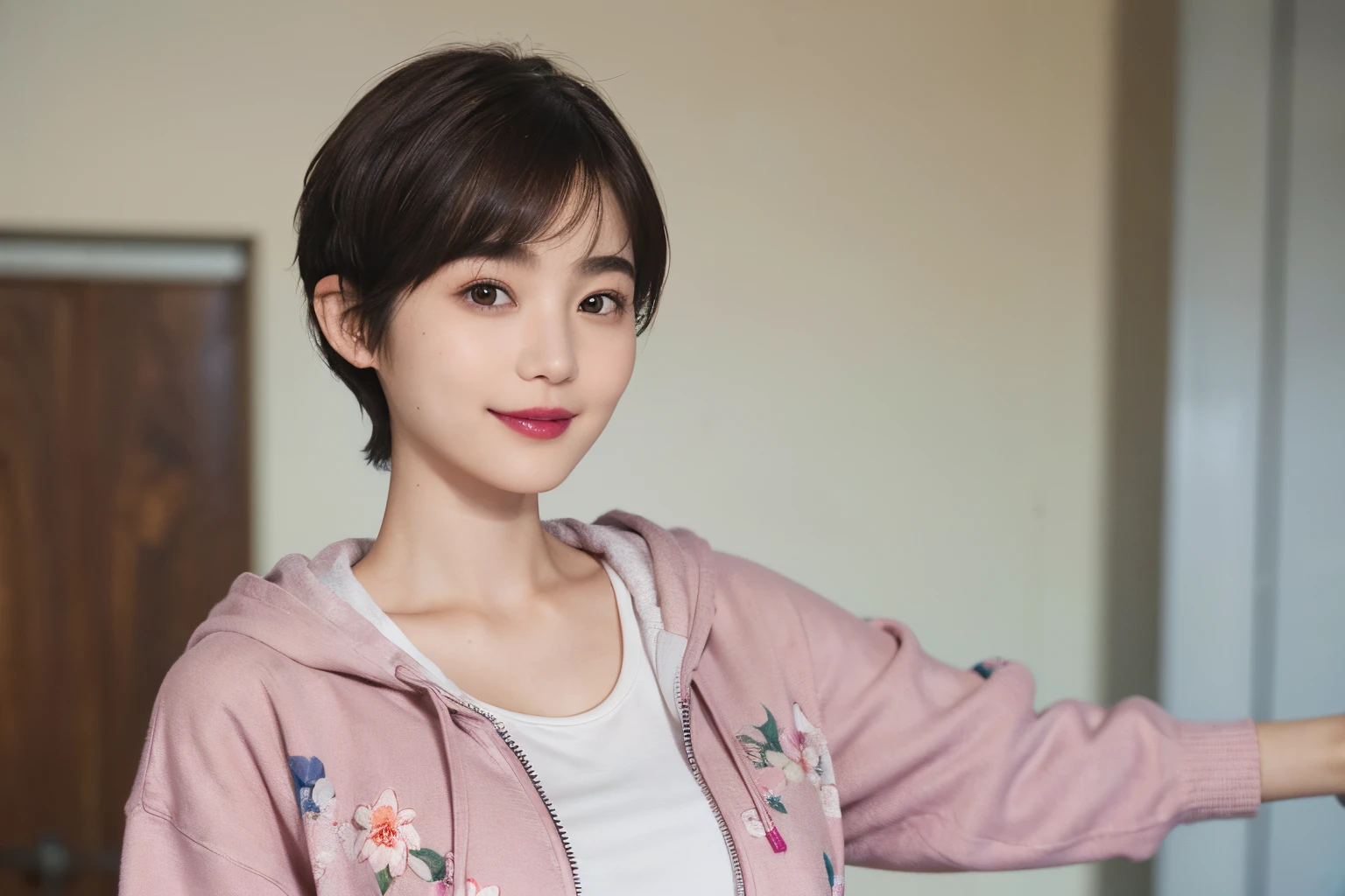 132
(a 20 yo woman,Wearing sportswear), (A hyper-realistic), (high-level image quality), ((beautiful hairstyle 46)), ((short-hair:1.46)), (Gentle smile), (breasted:1.46), (lipsticks), (Large room), (florals), (wearing hoodies)