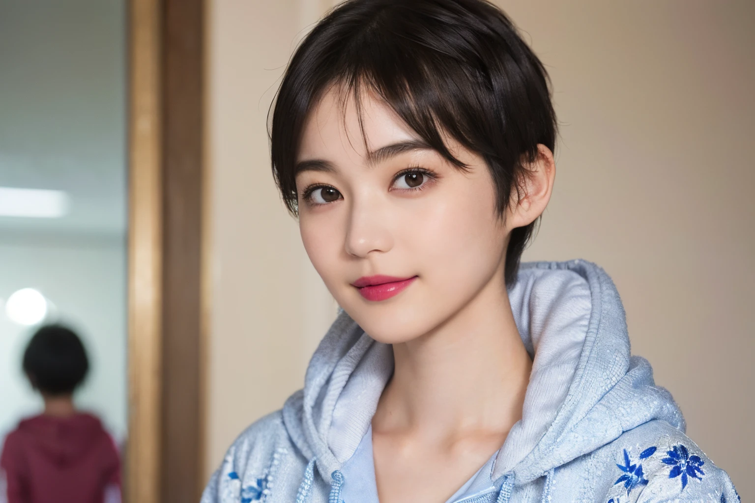 132
(a 20 yo woman,Wearing sportswear), (A hyper-realistic), (high-level image quality), ((beautiful hairstyle 46)), ((short-hair:1.46)), (Gentle smile), (breasted:1.46), (lipsticks), (Large room), (florals), (wearing hoodies)