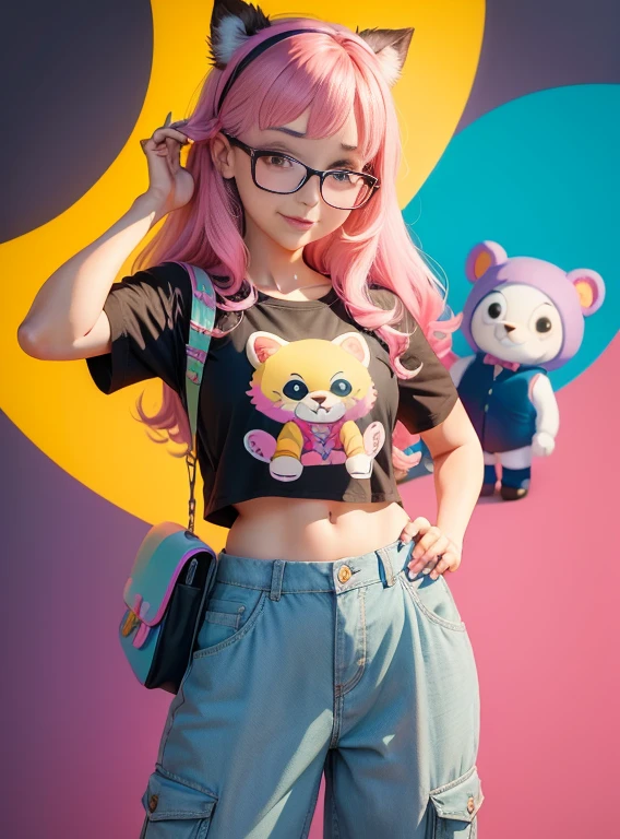 a cartoon girl with glasses smiling, Girl with panties, elegante, mochila roxa, long pants, camisa de urso, super bonito funky menina digital detalhada bonito, Retrato de uma Lisa Frank, bela arte digital, arte dos desenhos animados, estilo de arte dos desenhos animados, full-colour illustration, advanced digital chibi art, Cartoon style illustration, painting digital adorable, Belo estilo de arte, Estilo Lisa Frank, personagem bonito dos desenhos animados