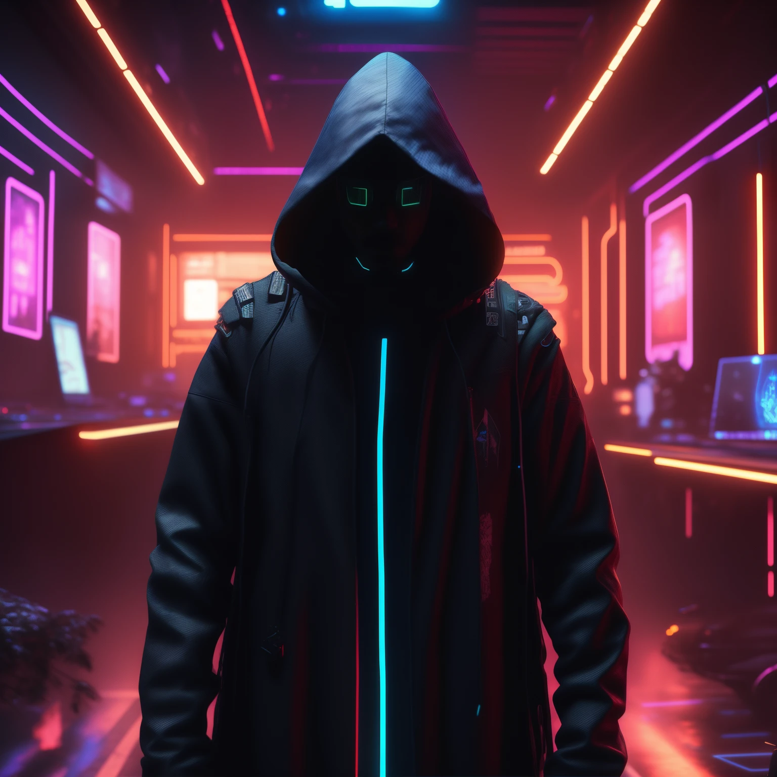 hooded man in a dark room with neon lights and a laptop, cyberpunk with neon lighting, hacker cyberpunk, cyberpunk lighting, atmosfera escura cyberpunk neon, personagem cyberpunk, Cyberpunk Negro, no estilo cyberpunk, estilo de cyberpunk, tem estilo cyberpunk, arte cyberpunk ultrarrealista 8k, estilo cyberpunk horror, estilo cyberpunk silenciado, vibe cyberpunk, neon futurista cyberpunk, Cyberpunk Rua Goon