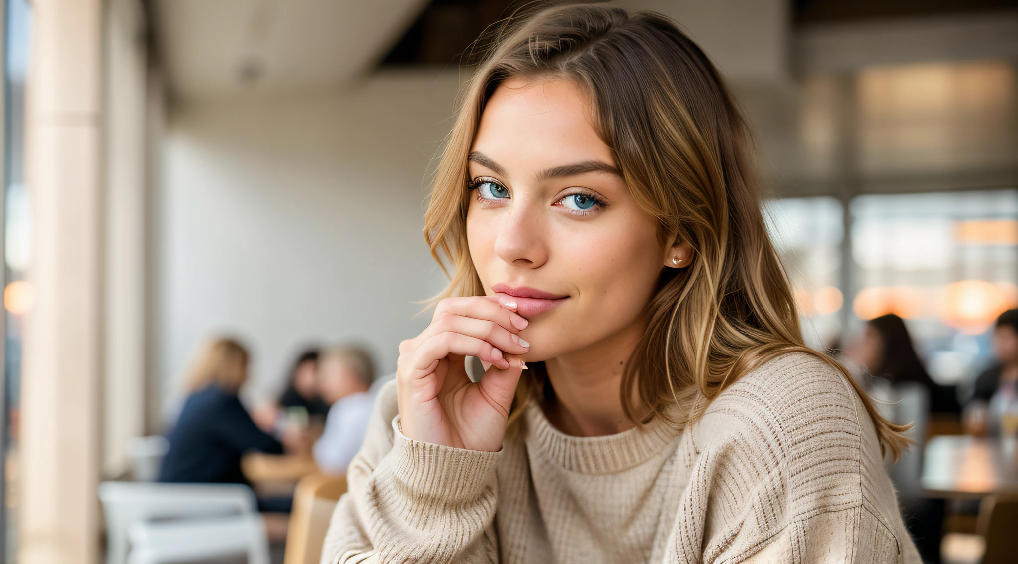 beautiful blonde wearing beige sweater (sipping coffee inside a modern café at sunset), very detailed, 21 years old, innocent face, natural wavy hair, blue eyes, high resolution, masterpiece, best quality, intricate details, highly detailed, sharp focus, detailed skin, realistic skin texture, texture, detailed eyes, professional, 4k, charming smile, shot on Canon, 85mm, shallow depth of field, kodak vision color, perfect fit body, extremely detailed, foto_\(ultra\), photorealistic, realistic, post-processing, maximum detail, roughness, real life, ultra realistic, photorealism, photography, 8k uhd, photography
