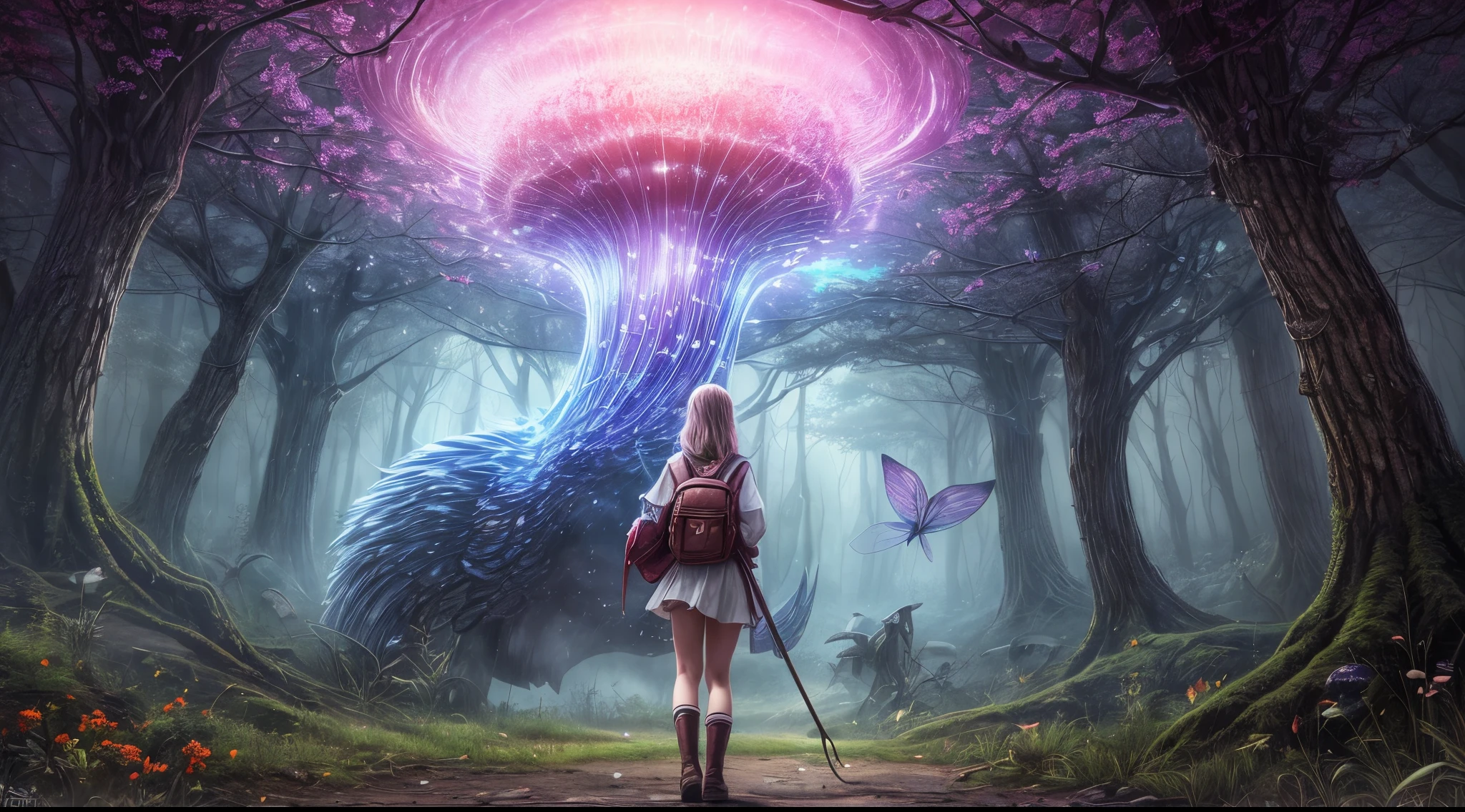 "Magical encounter, young girl exploring, gigantic mushroom, ethereal butterflies, misty wonderland, enchanting,Cowboyshot,8K, HDR, Super Resolution, Masterpiece