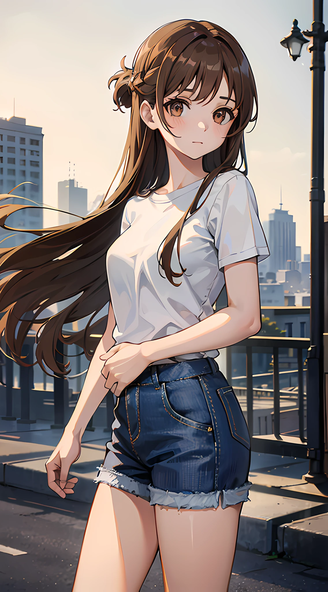 1girl, long light brown hair, brown eyes, wearing plain white shirt, denim shorts, city, absurdres, high res, ultrasharp, 8K, masterpiece, looking at viewer