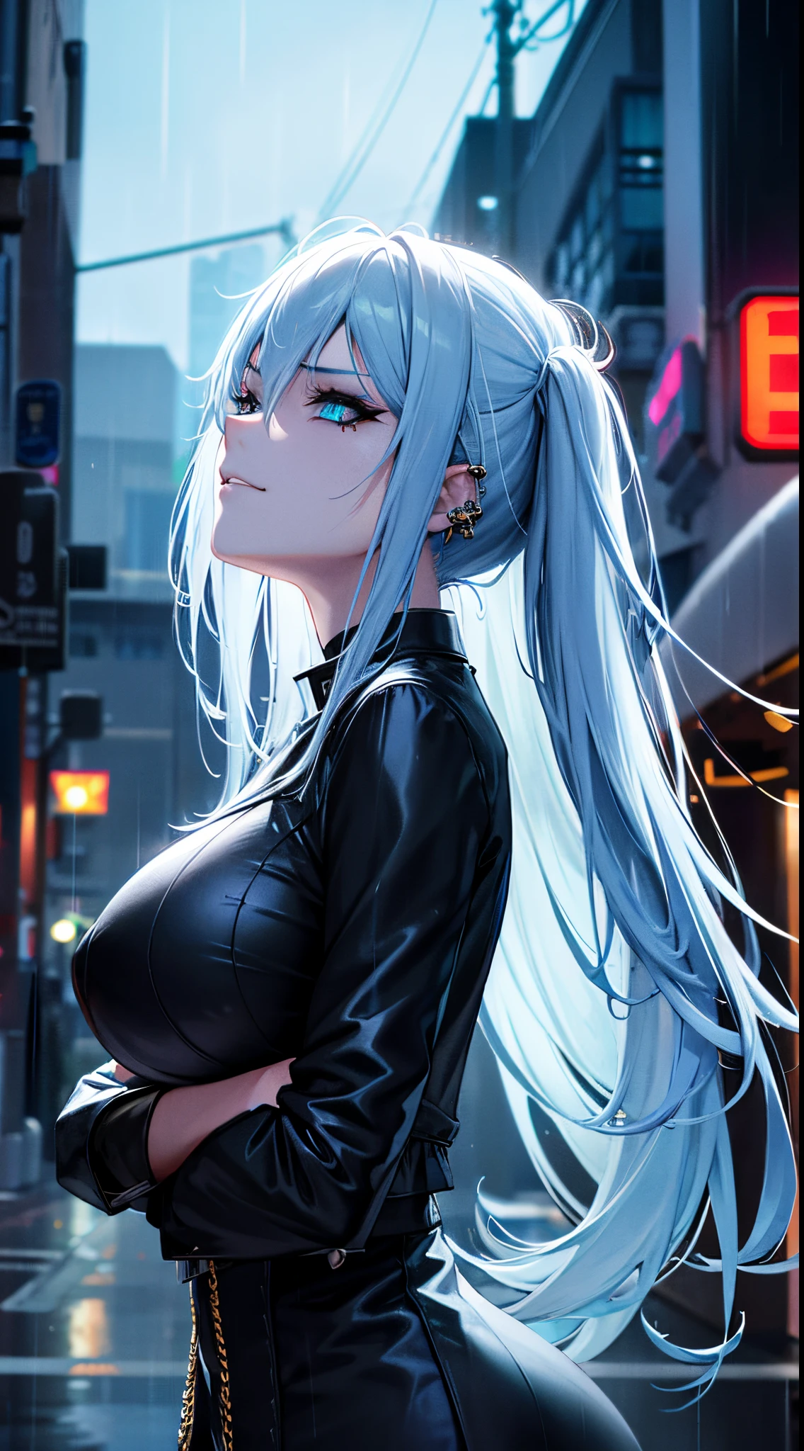 anime women, dark outfit with aqua blue details, white hair, (golden dragon eyes) standing in a rain soaked, city street at night, photorealistic, cinematic lighting (best quality:1.2),ultradetailed,(photorealistic:1.37), neon lights, vivid colors,bokeh,[realistic], angry looking face with smirk on mouth, piercing, ABS, (looking up at the camera), face piercing