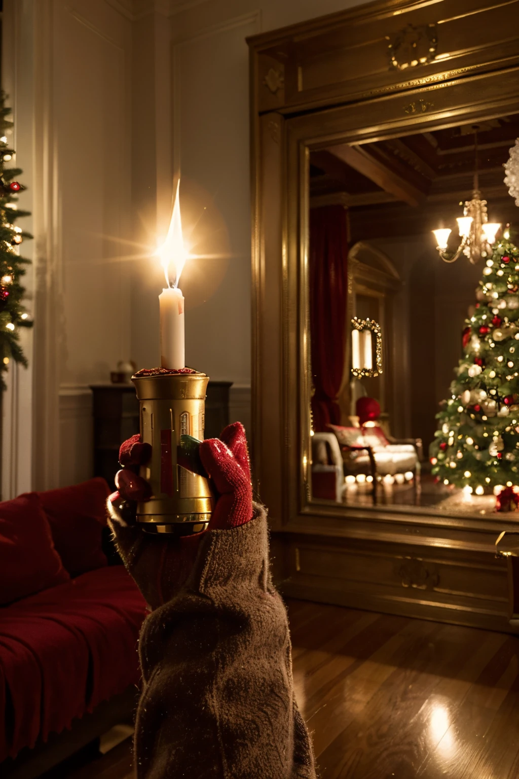 Employing state-of-the-art artificial intelligence, generate a high-quality image featuring a room adorned with Christmas decorations. Seek advanced levels of detail and adopt a cinematic visual style for the composition. Highlight the warm and festive atmosphere of the room, incorporating characteristic elements of Christmas such as decorations, special lighting, and charming details. Ensure that the resulting image conveys a tangible sense of holiday celebration, capturing the magic and beauty of the season.
