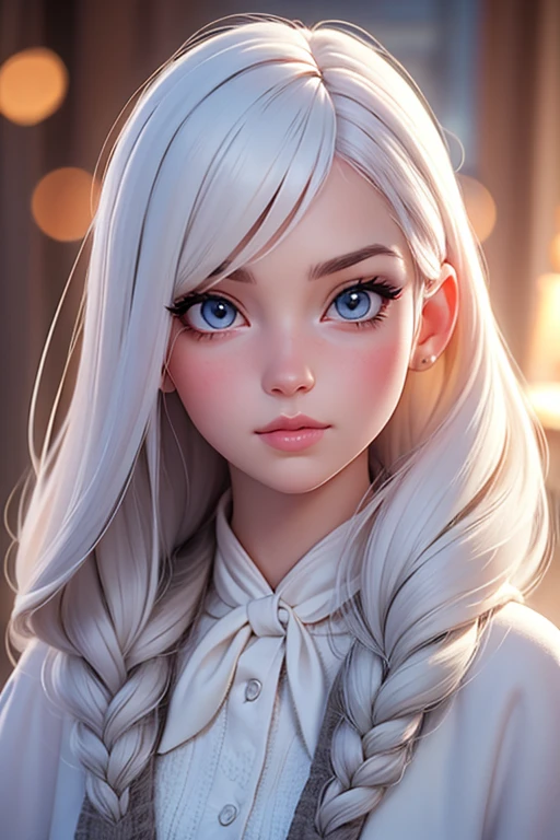 The white-haired girl, portrait, fine art, beautiful detailed eyes, beautiful detailed lips, extremely detailed face, long eyelashes, soft lighting, pastel colors, high resolution, bokeh, ethereal atmosphere