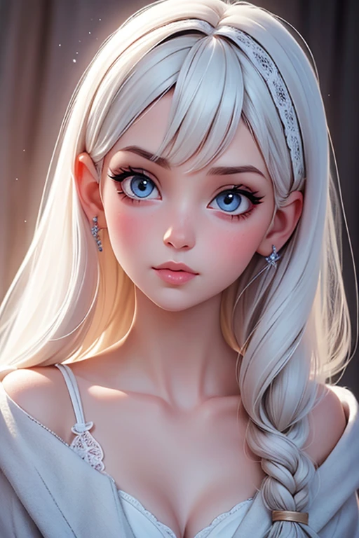 The white-haired girl, portrait, fine art, beautiful detailed eyes, beautiful detailed lips, extremely detailed face, long eyelashes, soft lighting, pastel colors, high resolution, bokeh, ethereal atmosphere