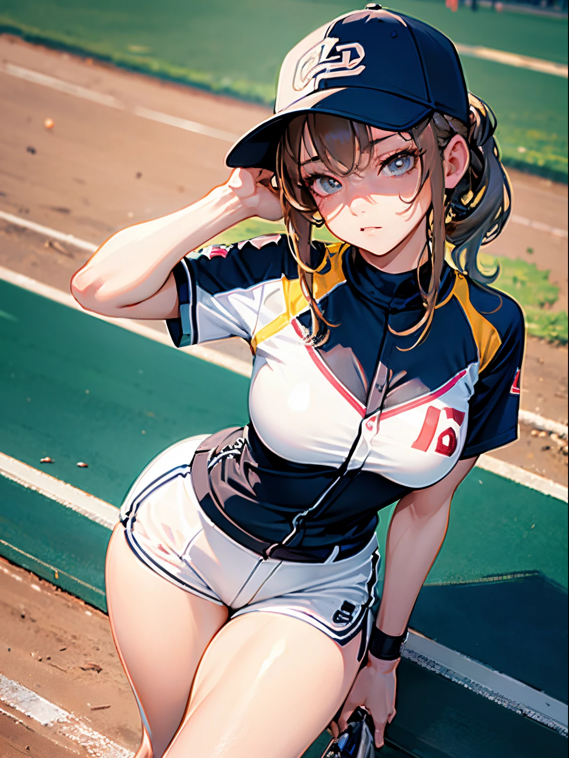 (Best Quality, masutepiece), 1 girl, Women's Softball Players, Large breasts,nice legs,At the softball venue,Detailed beautiful face,Detailed eyes,detailed hairs,detailed  clothes,Detailed realistic skin,cool,from above