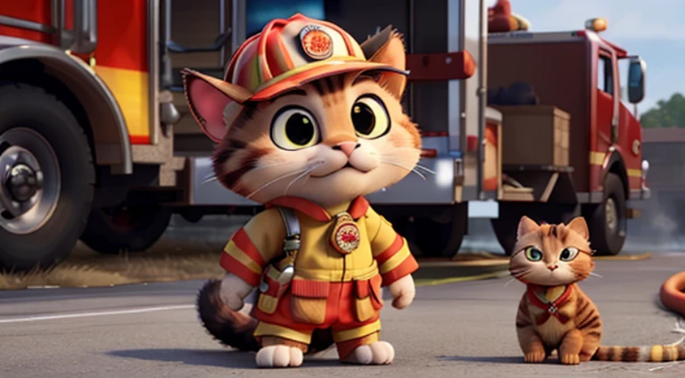 (firefighter), 4K picture quality, Cinematic,Near fire trucks,{Cats},{tiny body},,cute little, Cool, Charismatic,((Fighting Fire))