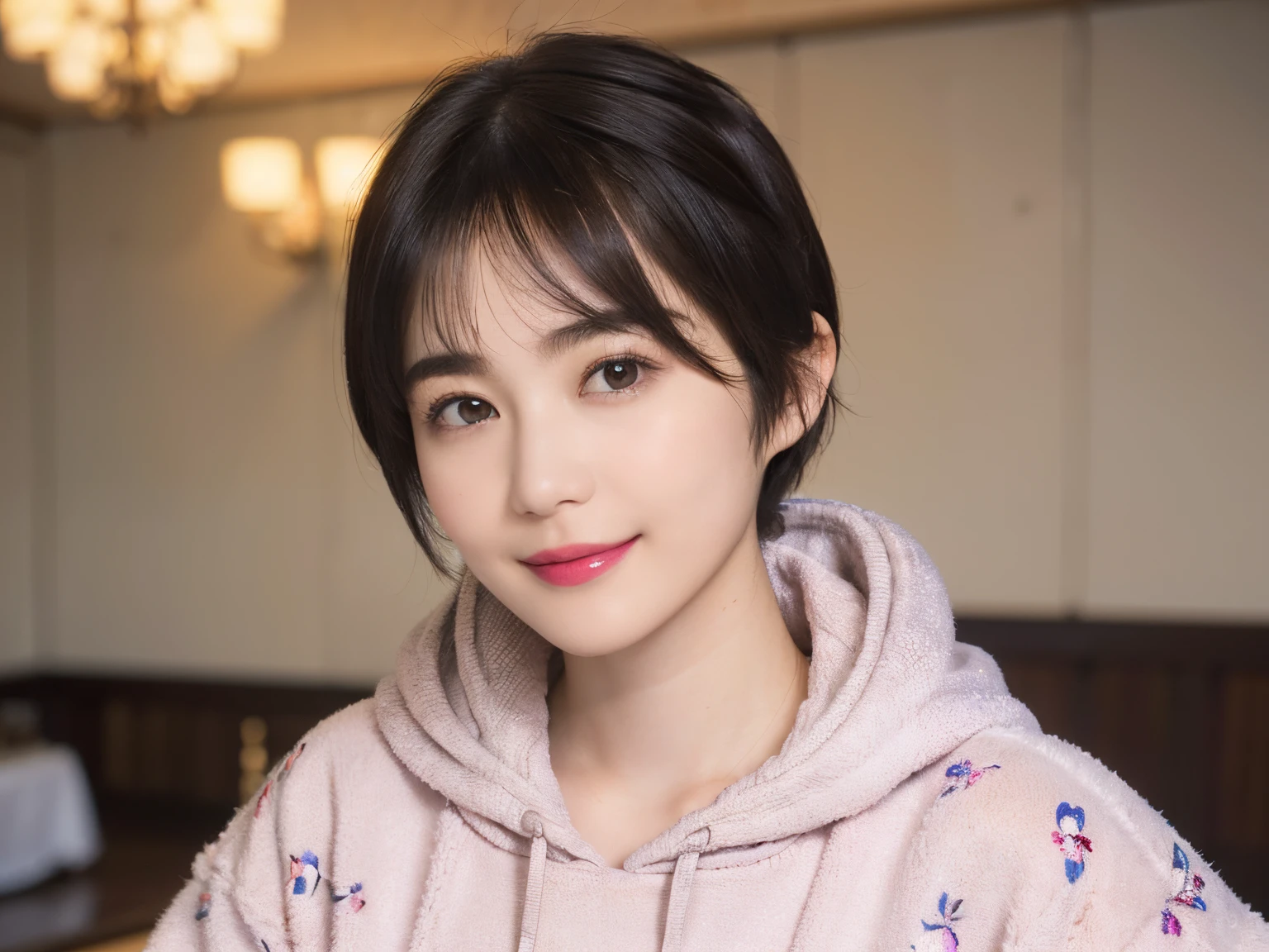 132
(a 20 yo woman,Wearing sportswear), (A hyper-realistic), (high-level image quality), ((beautiful hairstyle 46)), ((short-hair:1.46)), (Gentle smile), (breasted:1.46), (lipsticks), (Large room), (florals), (wearing hoodies)