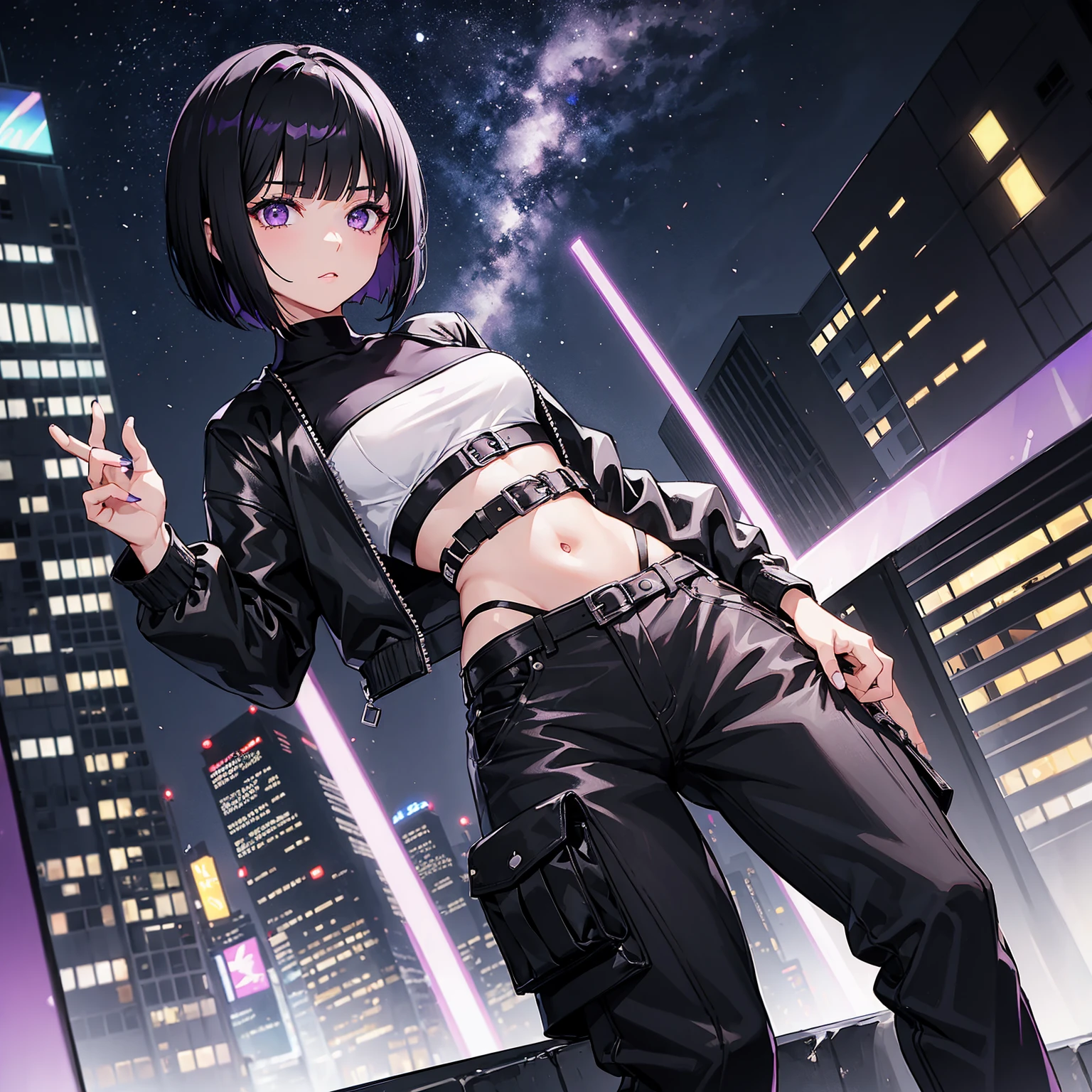 1 girl,short black hair(bob cut),amethyst purple eyes,black crop top,black cargo pants,night time,city streets with neon lights background