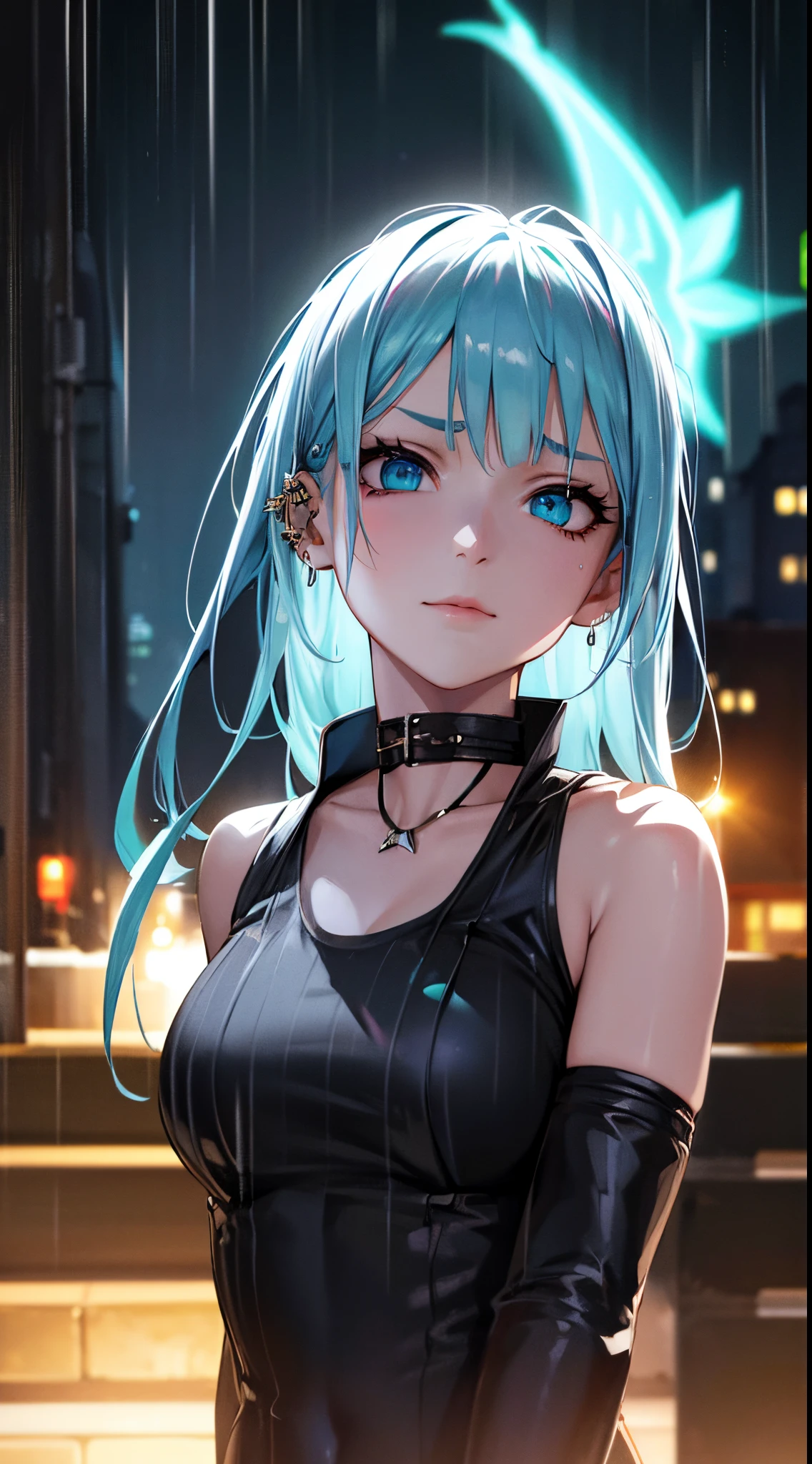 anime women, dark outfit with aqua blue details, white hair, (golden dragon eyes) standing in a rain soaked, city street at night, photorealistic, cinematic lighting (best quality:1.2),ultradetailed,(photorealistic:1.37), neon lights, vivid colors,bokeh,[realistic], angry looking face with smirk on mouth, piercing, ABS, (looking up at the camera), ((face piercing)), gaze, 4k, particles in the air, powers
