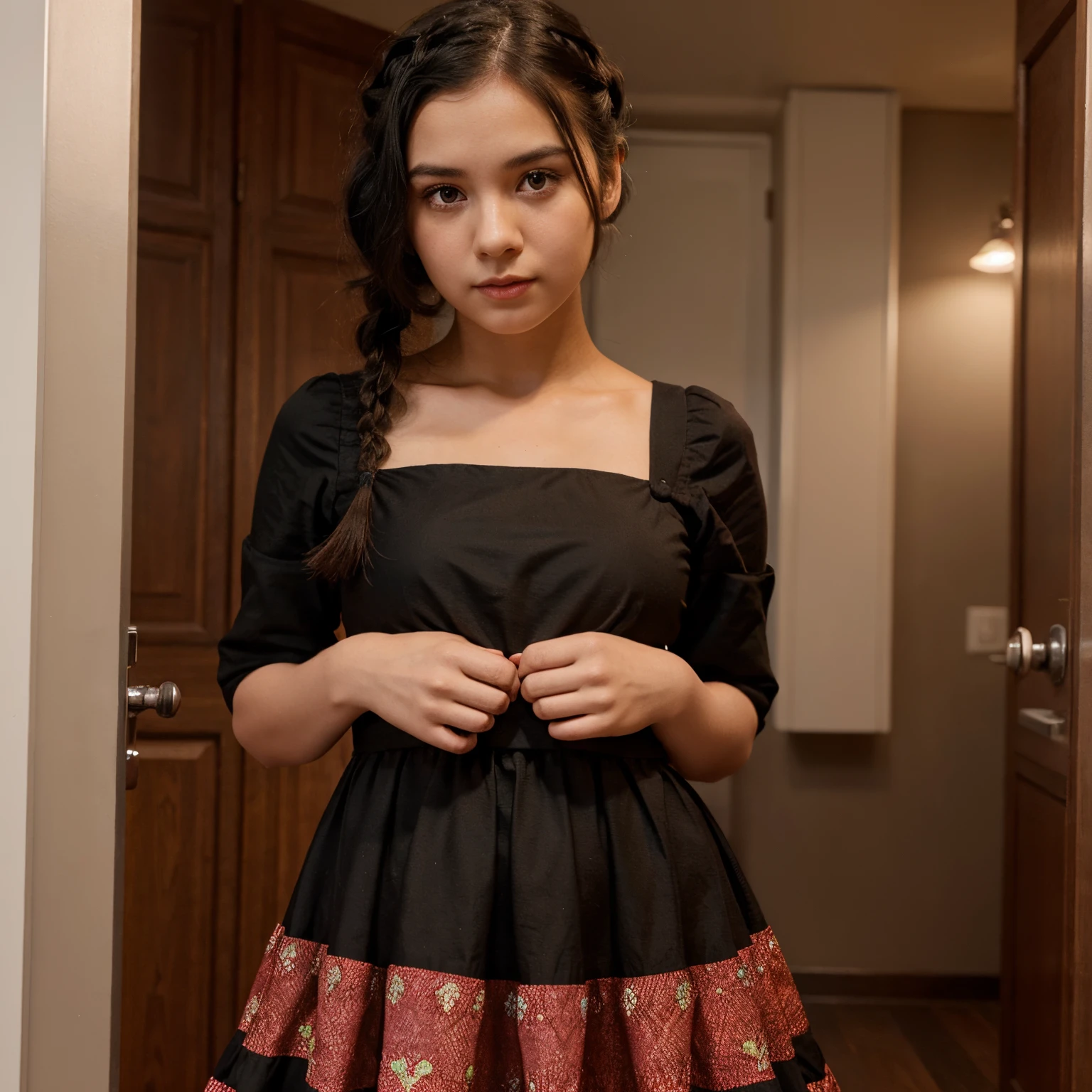 Girl with round face, black hair with center partition plait hairstyle, maroon national color dress Disney pixar