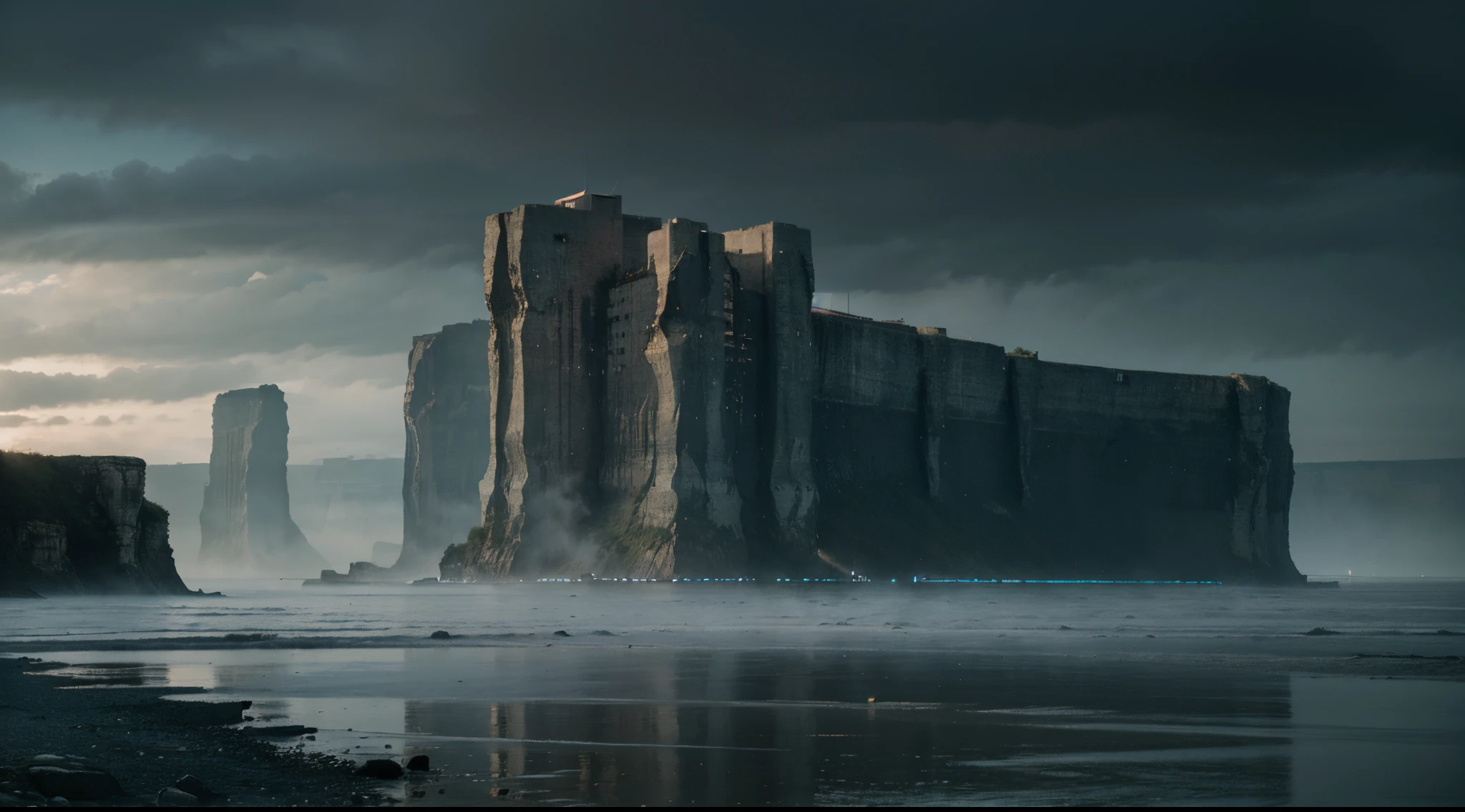 Wide river with tall cliffs on both sides, gigantic concrete brutalist architecture in fog, cinematic, centre composition,very dark, blue hour, hyperrealistic
