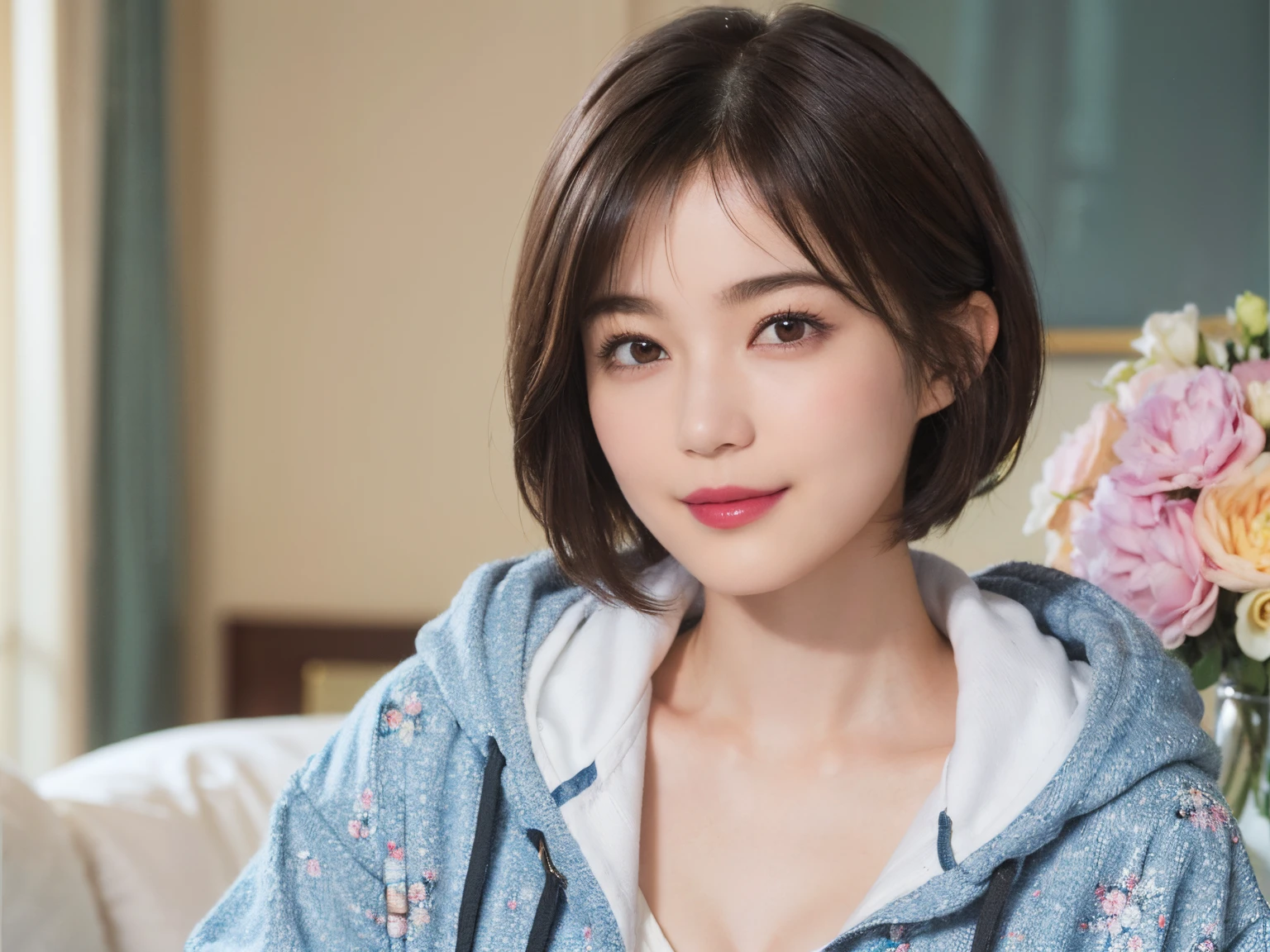 132
(a 20 yo woman,Wearing sportswear), (A hyper-realistic), (high-level image quality), ((beautiful hairstyle 46)), ((short-hair:1.46)), (Gentle smile), (breasted:1.46), (lipsticks), (Large room), (florals), (wearing hoodies)