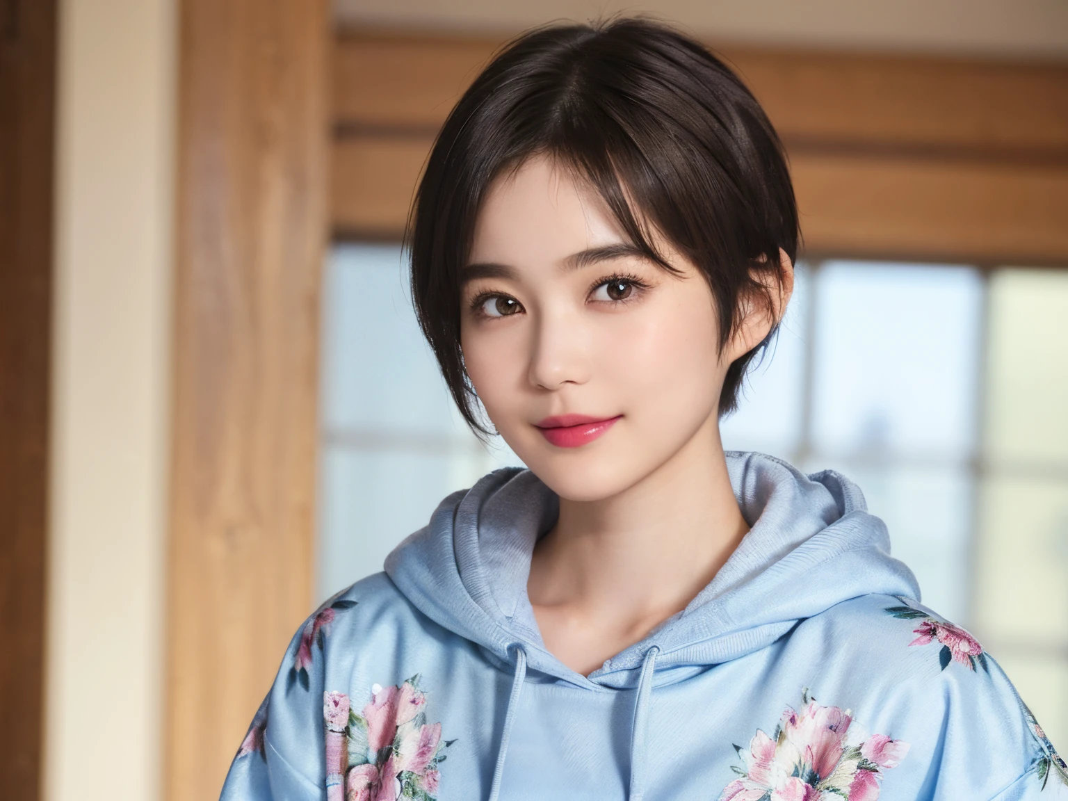 132
(a 20 yo woman,Wearing sportswear), (A hyper-realistic), (high-level image quality), ((beautiful hairstyle 46)), ((short-hair:1.46)), (Gentle smile), (breasted:1.46), (lipsticks), (Large room), (florals), (wearing hoodies)