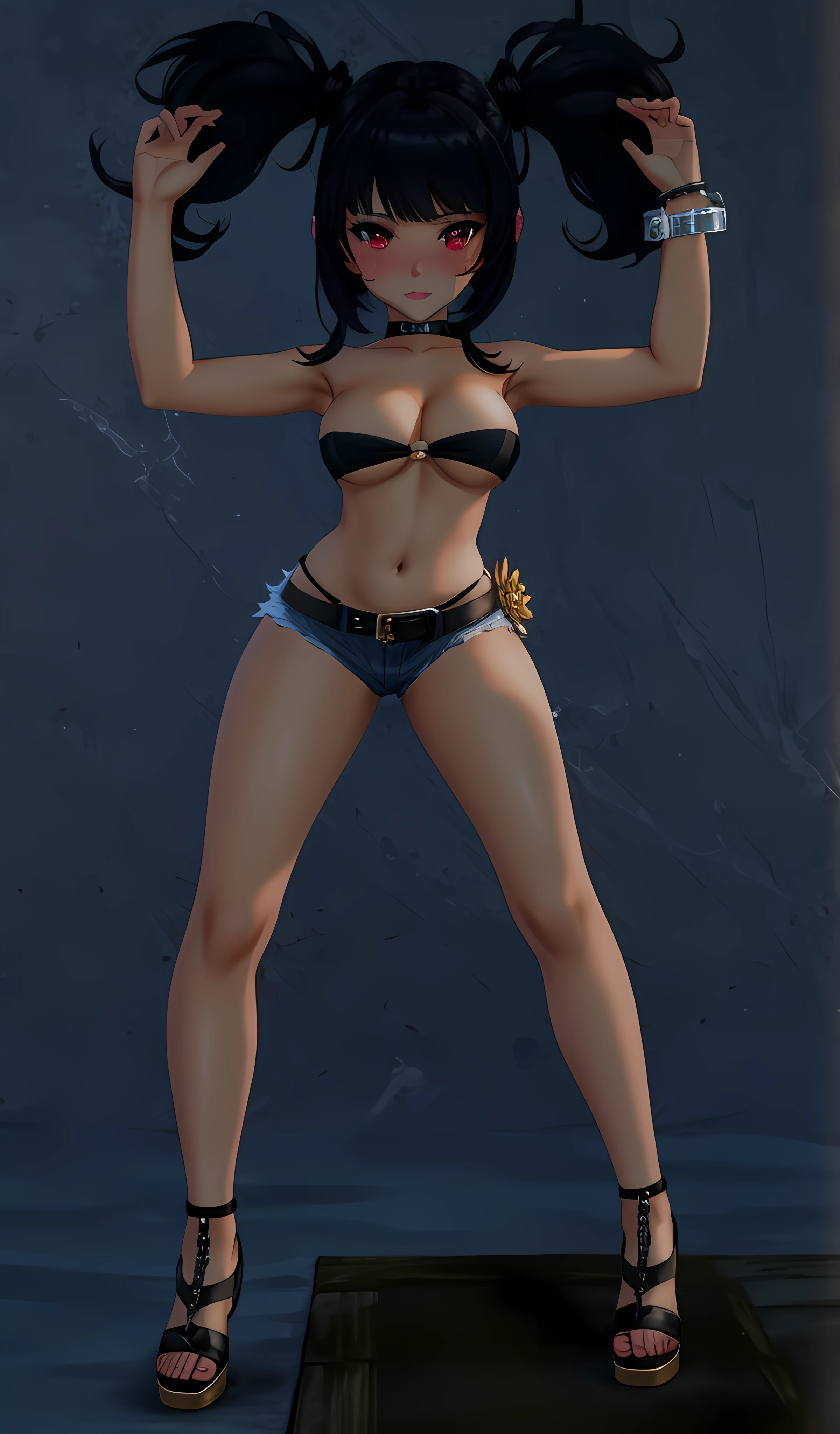 Beautiful lady, 1 Girl, Full body, Doing a sassy pose, Spellcasting pose, Best quality, Ultra Detail, 8K, Ultra high realistic, Detailed face, Love eyes pupil, Masterpiece, (Naked:1.3), (Blushing:1.3), Milf, , Oily skin, Ahegao face, Open breast, Big thighs, (delicate cute face), black choker, white gloves, long sleeves, bandeau, cleavage, strapless, tube top, navel, midriff, open jacket, open clothes, black jacket, black belt, denim shorts, cutoffs, mismatched footwear, Dark Gothic Makeup, Blade and soul, Final fantasy 14 style