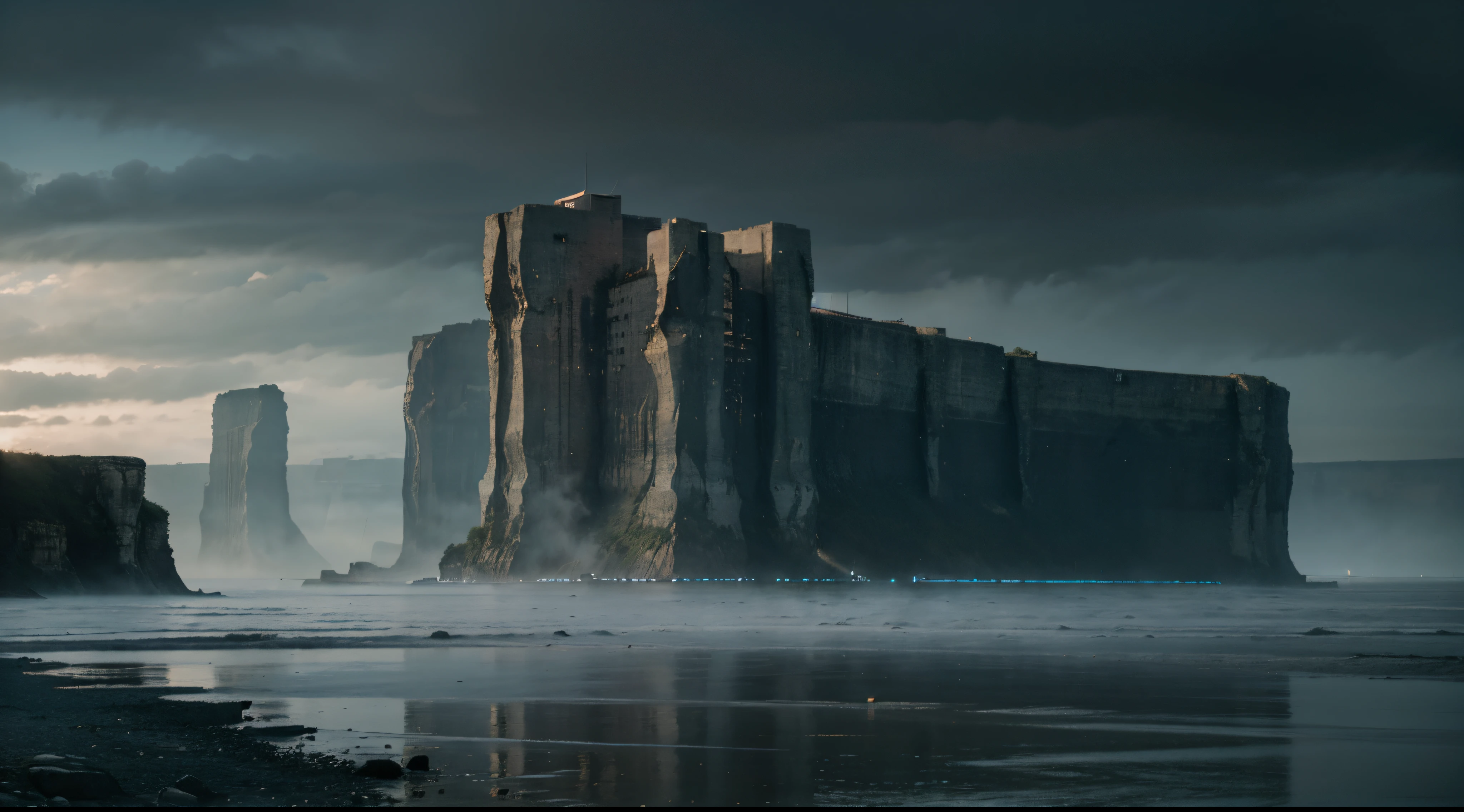 Breiter Fluss mit hohen Klippen auf beiden Seiten, gigantische brutalistische Betonarchitektur im Nebel, filmisch, Mittelkomposition,schwarzgrau, blaue Stunde, hyperrealistisch