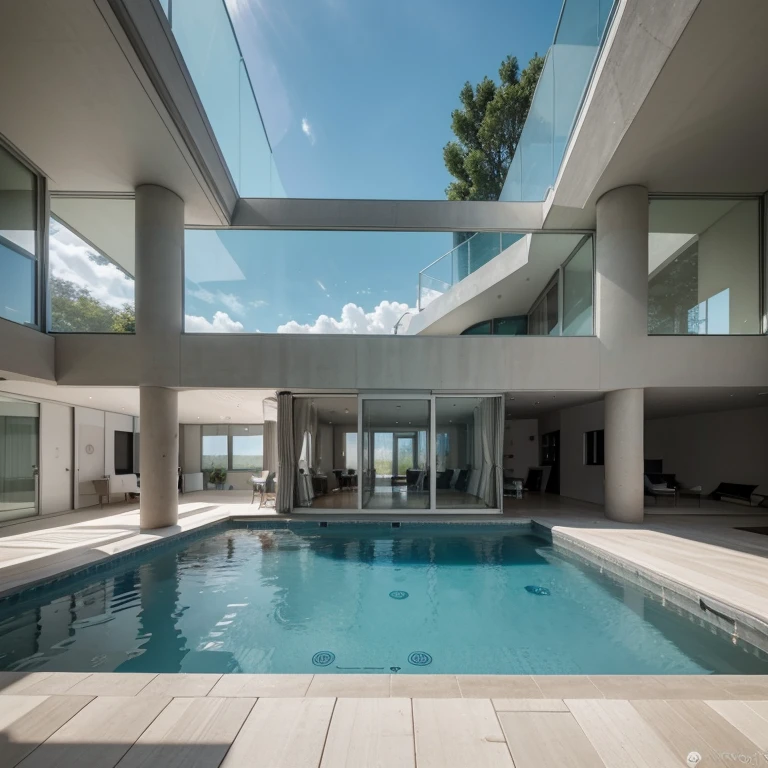Une maison avec un sens de la technologie futuriste,3-storey building,Contre les montagneace au lac,Immense piscine,Style architectural moderne, Photo hyperdétaillée,buliding,Complexe,Ombrage, HighDynamicRange,dinamic lighting, Fotorrealista, natural soft light, H faible, tmasterpiece, 8k detailed,There's a lot of detail,Oversized floor-to-ceiling glass,A combination of technology and natural environment,A un look super cool, asymmetric, modern