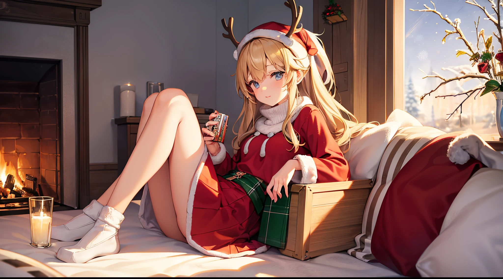 Lori wearing reindeer sitting with present box、full body Esbian, lofi art in GTA Game art style usonly complimentary colors from the color wheel. A main character in first plan portrait mode, A girl age 25 looking into magical Jar with snow inside, the jar next a fireplace in on Christmas eve. A cozy and warm scene in background, Visual elements that represent Christmas.