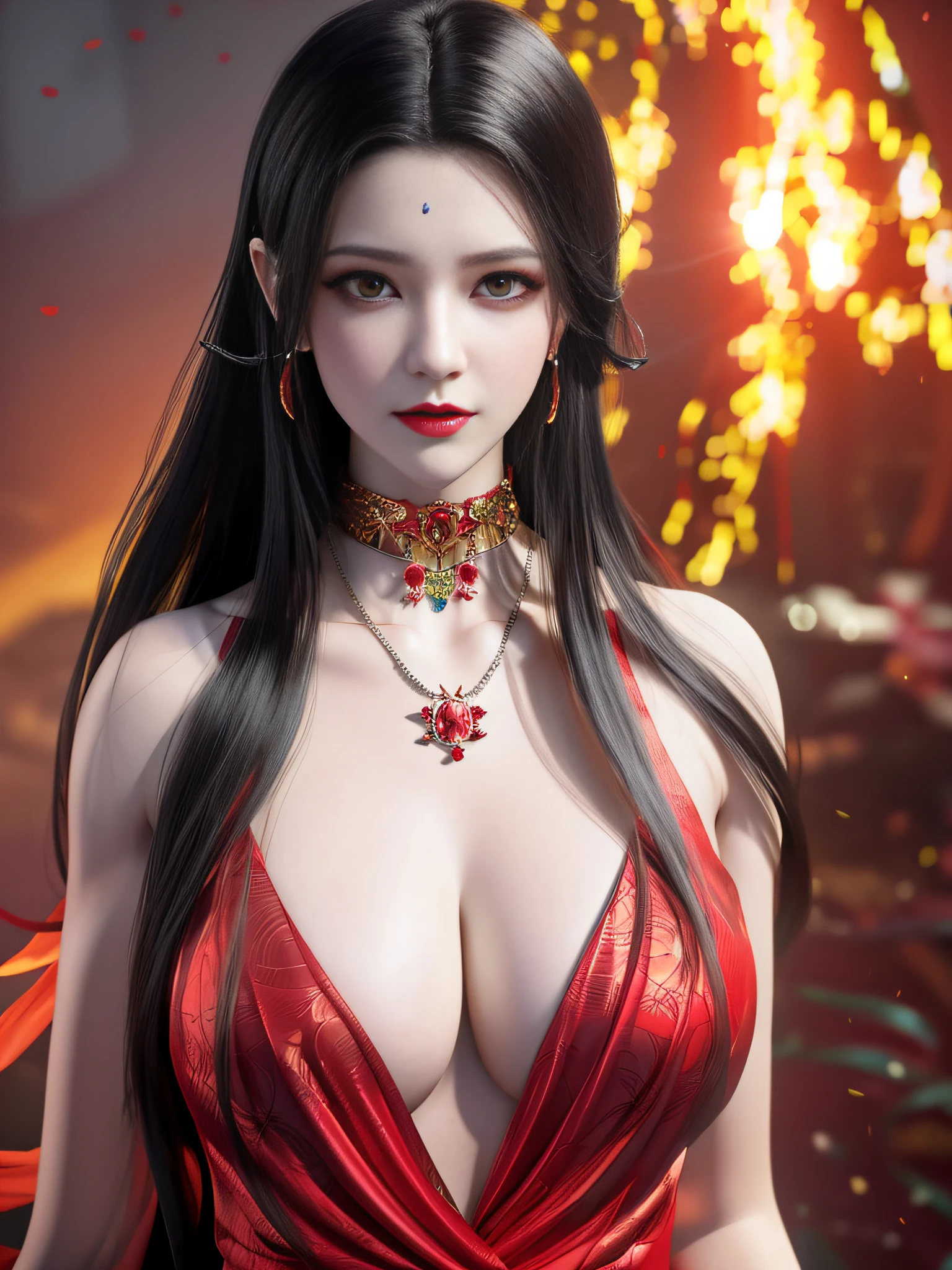 a woman in red dress，Wear chokers and necklaces, Beautiful and elegant Queen Medusa, beautiful vampire queen, A beautiful succubus, Beautiful Queen Medusa, （Breaking through the colorful scales in the sky）, 8K high quality detail art, most models | Art germ, succubus in tight kilt, Epic fantasy art style HD, beautiful anime woman，Excellent picture quality work，Higher quality，high detal，超高分辨率，8K分辨率