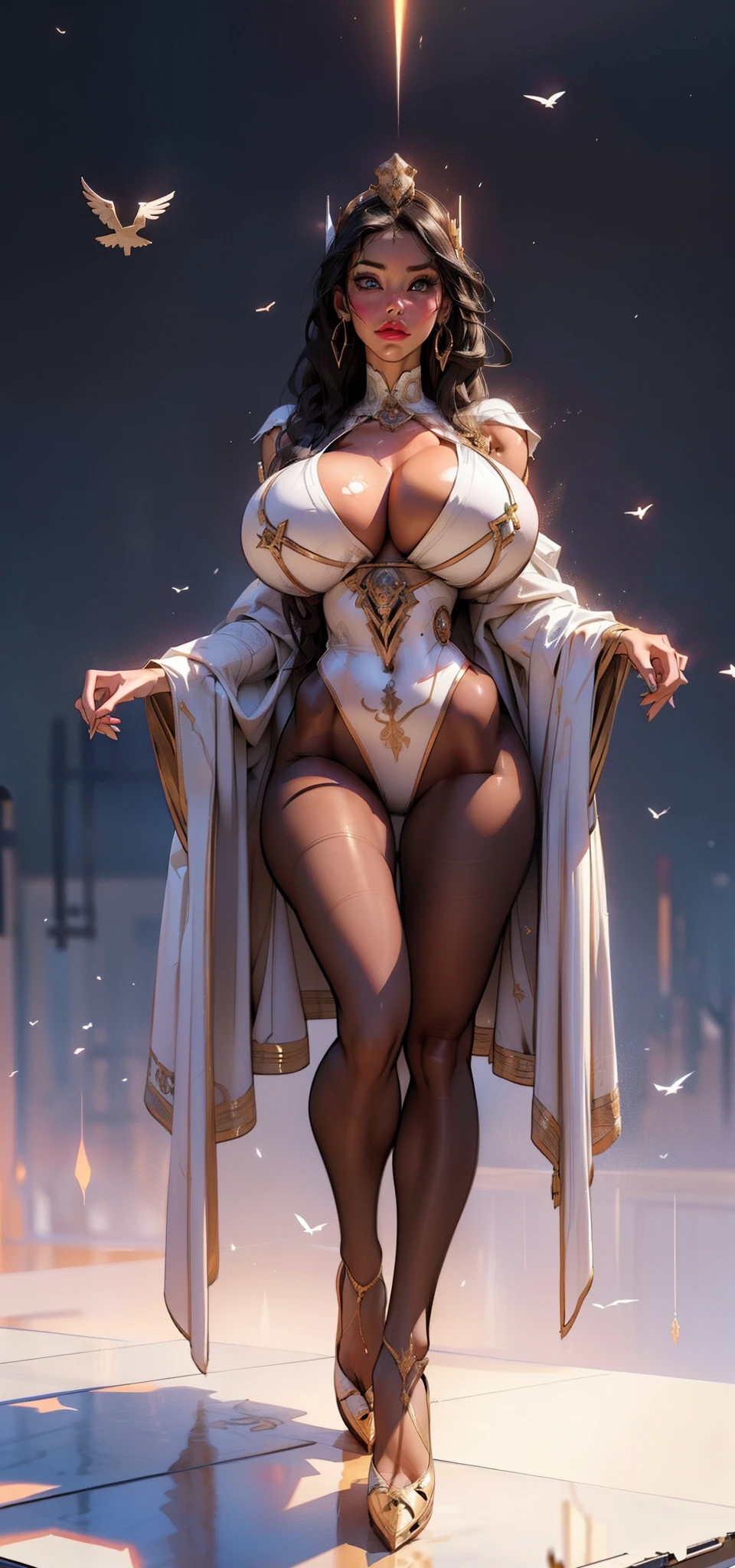 1female，35yo，plumw，extremely large bosom， 独奏，（Background with：Huge ancient temples, droid，aerodrome，sphinx，Huge mechanical armor，）, (puffy lips:1.2), ((egyptian empress, mature face))，bobo head，Stand on the plane，seen from the front， hair straight， mostly cloudy sky，（（（tmasterpiece），（Very detailed CG unity 8K wallpaper），best qualtiy，cinmatic lighting，detailed back ground，beautiful detailed eye, right pupil, blue eyes，Snow-whiteskin，Redlip（Very fine and beautiful），（Beautiful and detailed eye description），ultra - detailed，tmasterpiece，））facing at camera，A high resolution，ultra - detailed），(gigantic breasts:1.3)，legs are open，Raised sexy，Camel toe, lushed complexion，Desire for dissatisfaction，frontage，((Egyptian)),（Wearing：Dark Vulture crown，gold pantyhose，Bare breasts）scifi style