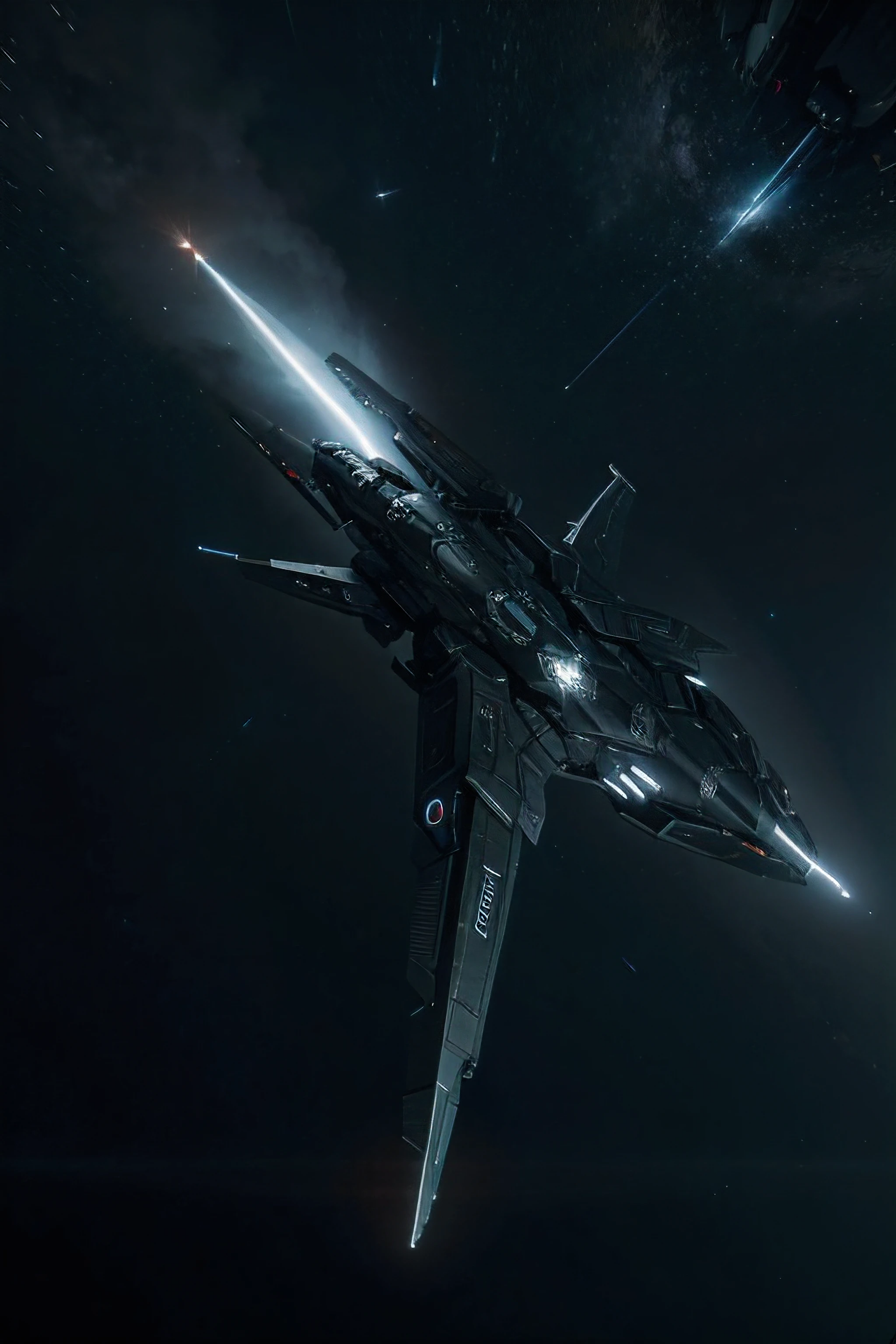 spaceship flying in the sky with lights on and NO planet in the background, NO stars, complete black space, eve online movie still, octane render sci - fi, sci - fi spaceship in combat, vfx shot, stunning vfx, an epic scifi movie still, vfx render