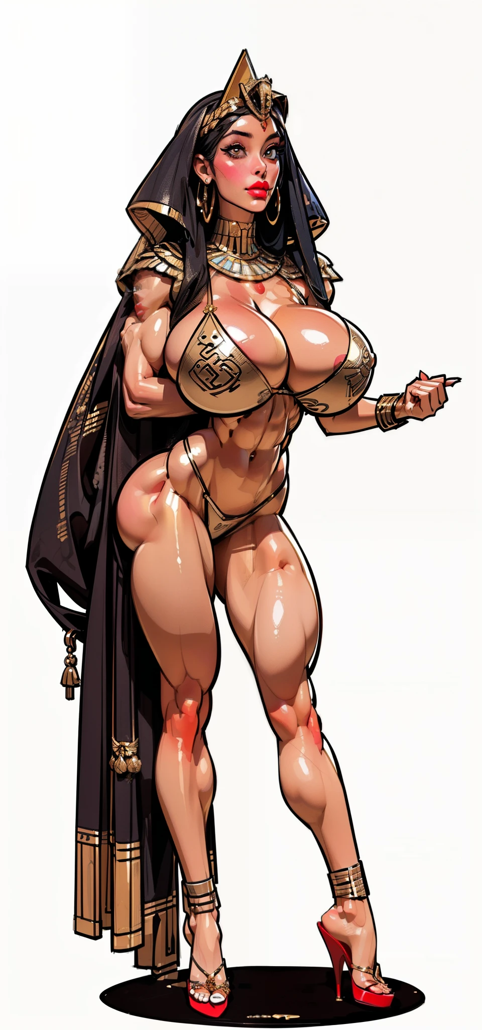 1female，35yo，plumw，extremely large bosom， 独奏，((side profile)), ((full body view:1.4)), ((masterpiece)),(((best quality))), ((egyptian empress, mature face)), ((middle eastern eyes:1.4)), ((Vulture crown:1.4)), (((septum piercing)), defined cheekbones, high cheekbones, illustration, ((muscular:1.3)), ((gold:1.4)), sexy bimbo, (gigantic breasts:1.7) ((long Egyptian headpiece)), black hair, ((detailed face:1.4)) beautiful woman, (egyptian:1.4), colored skin, (white skin:1.4) , (red lipstick:1.4), shiny skin, ((skindentation)), scribbles and marks,(puffy lips:1.4) , (temple: 1.5), ( at night: 1.5), rough sketches, pose, 8k,16k, ( background, white background: 1.3) ((warm color palette)), ((ancient aesthetic))（（（tmasterpiece），（Very detailed CG unity 8K wallpaper），best qualtiy，cinmatic lighting，detailed back ground，beatiful detailed eyeright pupillue eyes，Snow-whiteskin，Redlip（Very fine and beautiful），（Beautiful and detailed eye description），ultra - detailed，tmasterpiece，））facing at camera，A high resolution，ultra - detailed），(gigantic breasts:1.3), scifi style