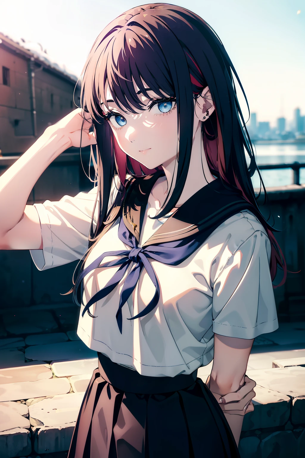 (Obra maestra, La mejor calidad, ultrahigh resolution), 1girl, standing, school uniform, white office shirt, black pleated skirt, ((light brown, light brown hair:0.7, blue_hair_pin in hair:0.9, blue_hair_pin:0.9)), long hair cut, pale skin, ((blue eyes)), glowing_eyes, neon eyes, (ultra detailed eyes, beautiful and detailed face, detailed eyes), ((centered)), smile, ((wide shot)), facing viewer, eye level, (blurry background, bright snowy background, winter), flat chested, looking at viewer, ((half closed eyes)), ((perfect hands)), (((head, arms, hips, elbows, in view))), ((hands behind back)), empty eyes, beautiful lighting, outside, outdoors, background, defined subject, 25 years old,