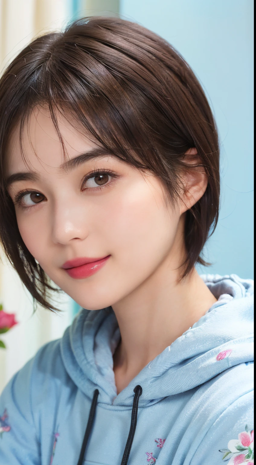 132
(a 20 yo woman,Wearing sportswear), (A hyper-realistic), (high-level image quality), ((beautiful hairstyle 46)), ((short-hair:1.46)), (Gentle smile), (breasted:1.46), (lipsticks), (Large room), (florals), (wearing hoodies)