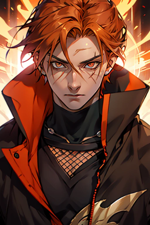 he is a handsome young man with spiky orange hair and small orange or light brown eyes. He is often mentioned as a scary person to his eyes,wizard, scar, burn half face