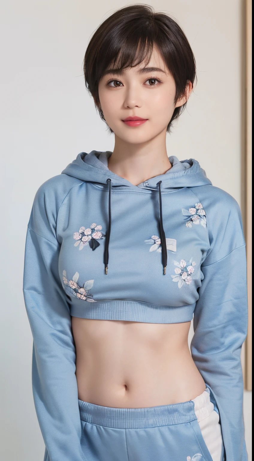 132
(a 20 yo woman,Wearing sportswear), (A hyper-realistic), (high-level image quality), ((beautiful hairstyle 46)), ((short-hair:1.46)), (Gentle smile), (breasted:1.46), (lipsticks), (Large room), (florals), (wearing hoodies)