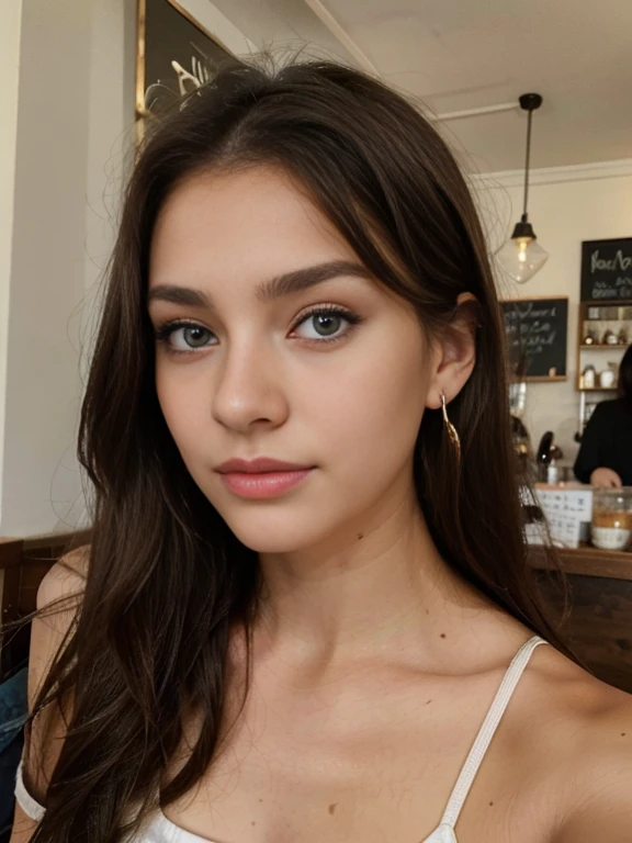 Photo of a 20 year old brunette woman, that  has a very natural face,  thin lips, thin eyes, thin eyebrows, thin nose, earrings, long eyelashes. She makes a cute selfie in a cafe. She has blue eyes